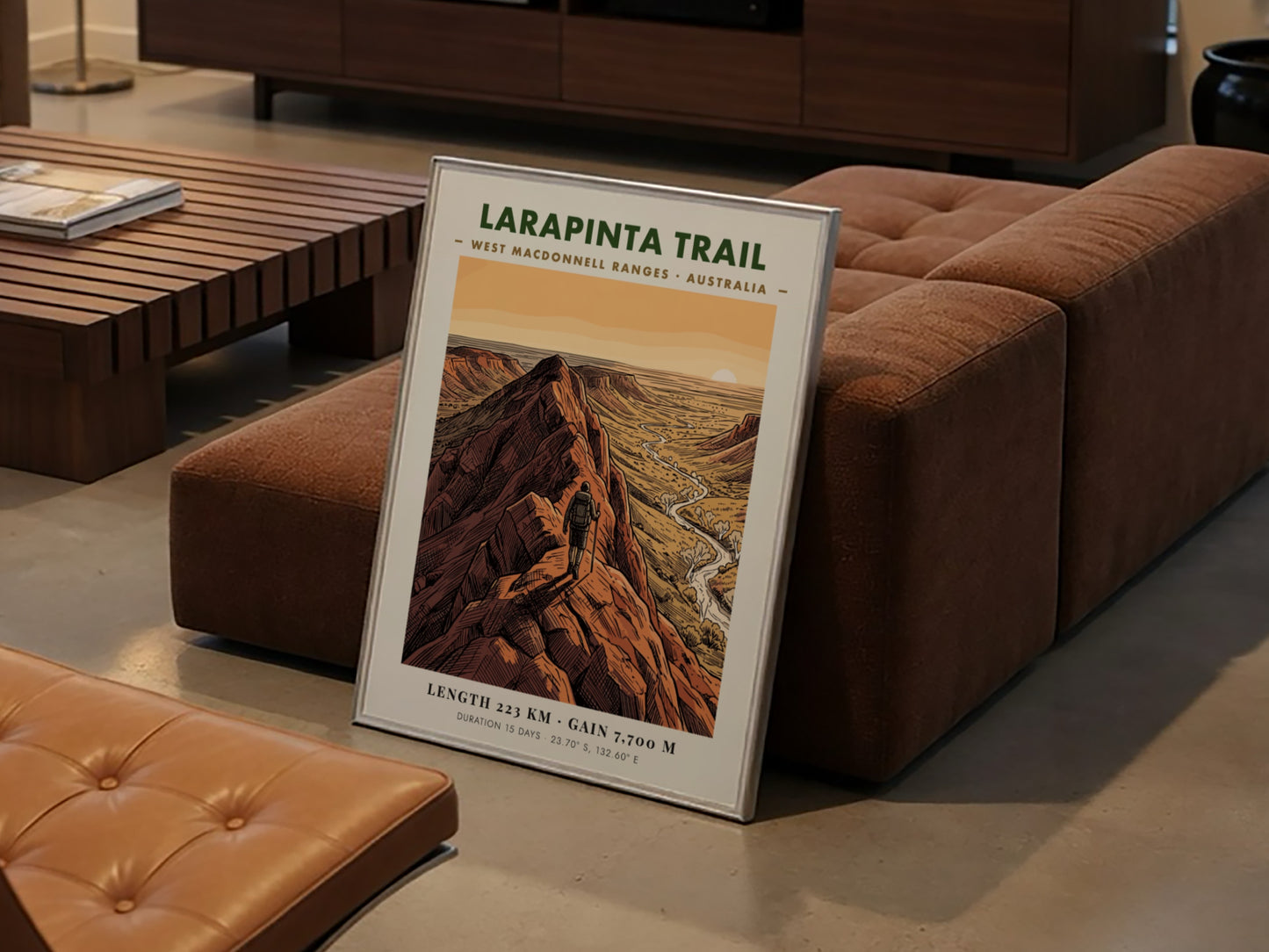 Poster of the Larapinta Trail in the West MacDonnell Ranges with red mountains.