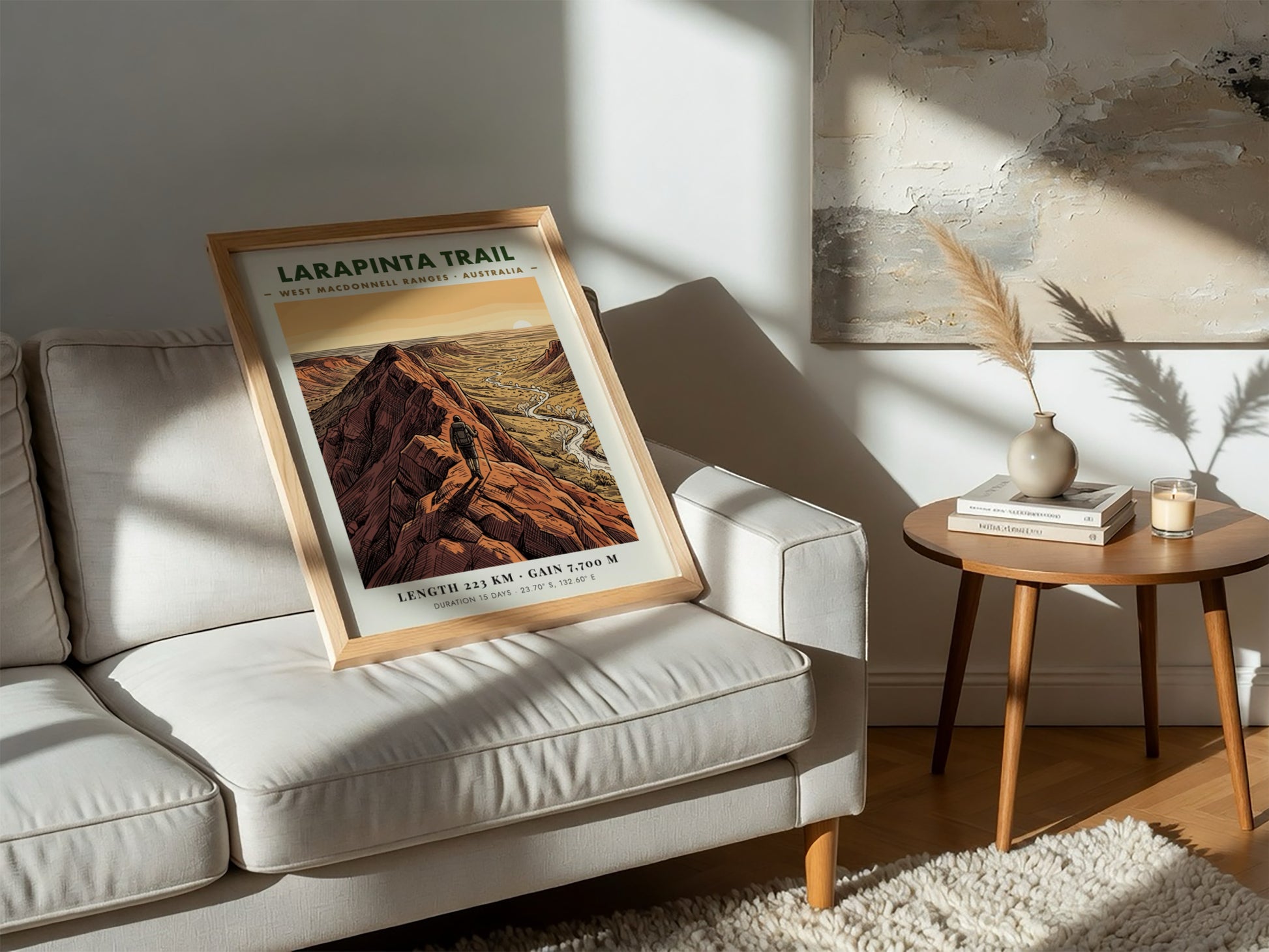 Poster of the Larapinta Trail in the West MacDonnell Ranges with red mountains.