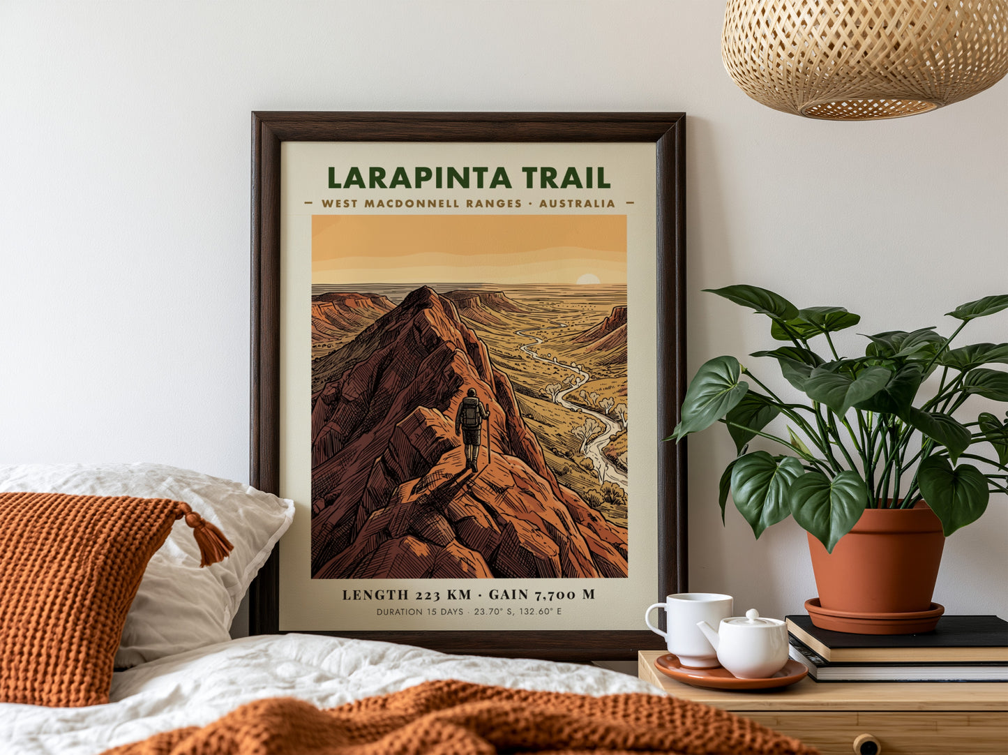 Poster of the Larapinta Trail in the West MacDonnell Ranges with red mountains.