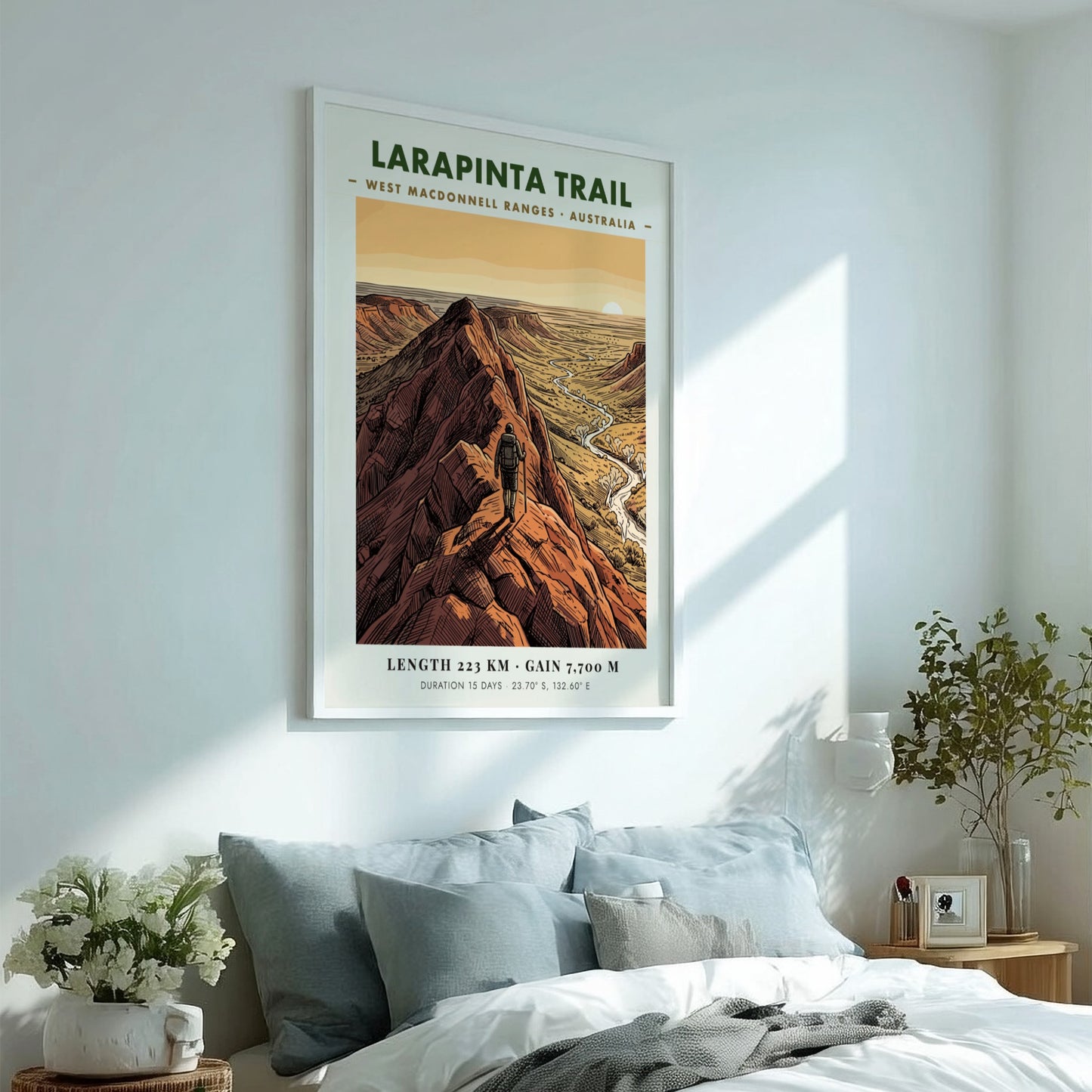 Poster of the Larapinta Trail in the West MacDonnell Ranges with red mountains.