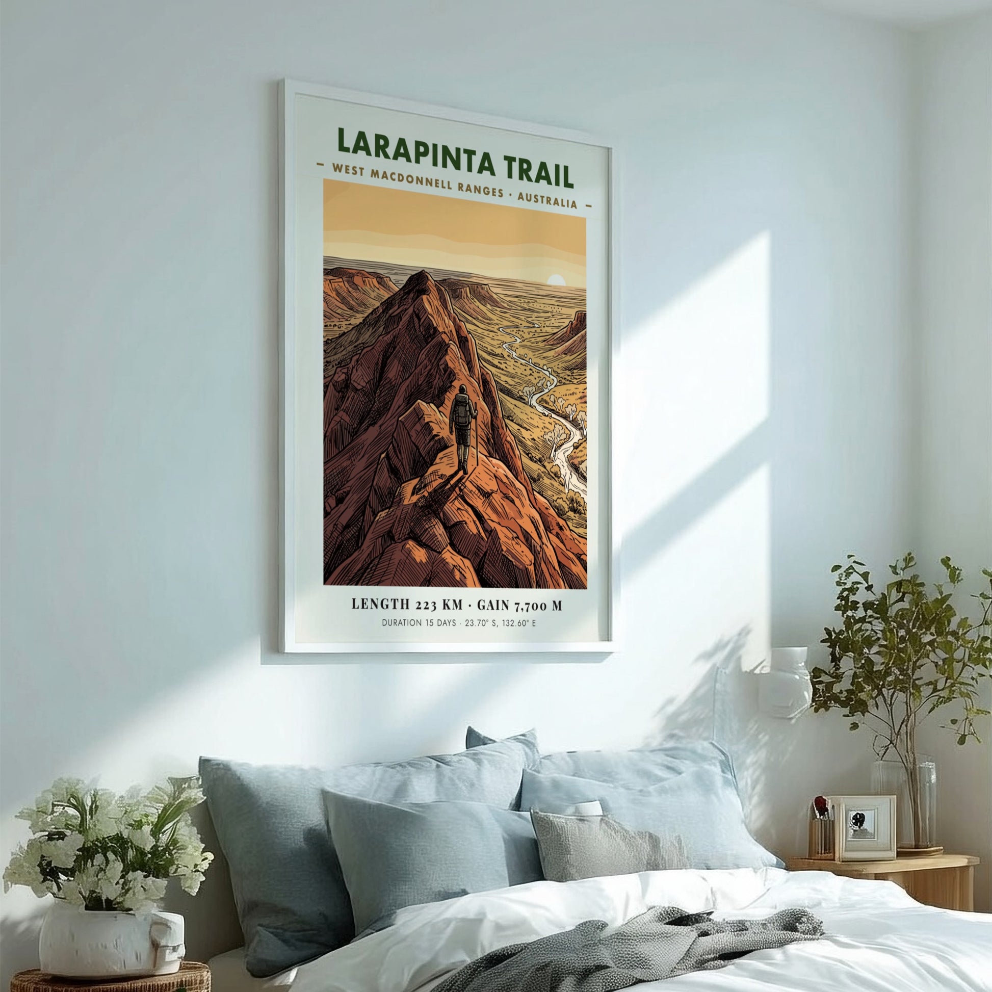Poster of the Larapinta Trail in the West MacDonnell Ranges with red mountains.