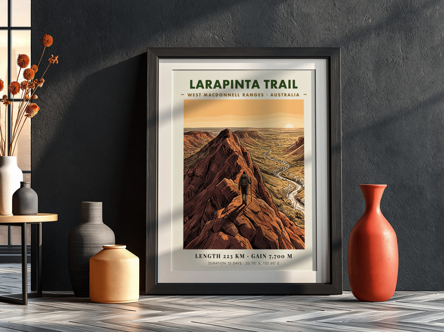 Poster of the Larapinta Trail in the West MacDonnell Ranges with red mountains.