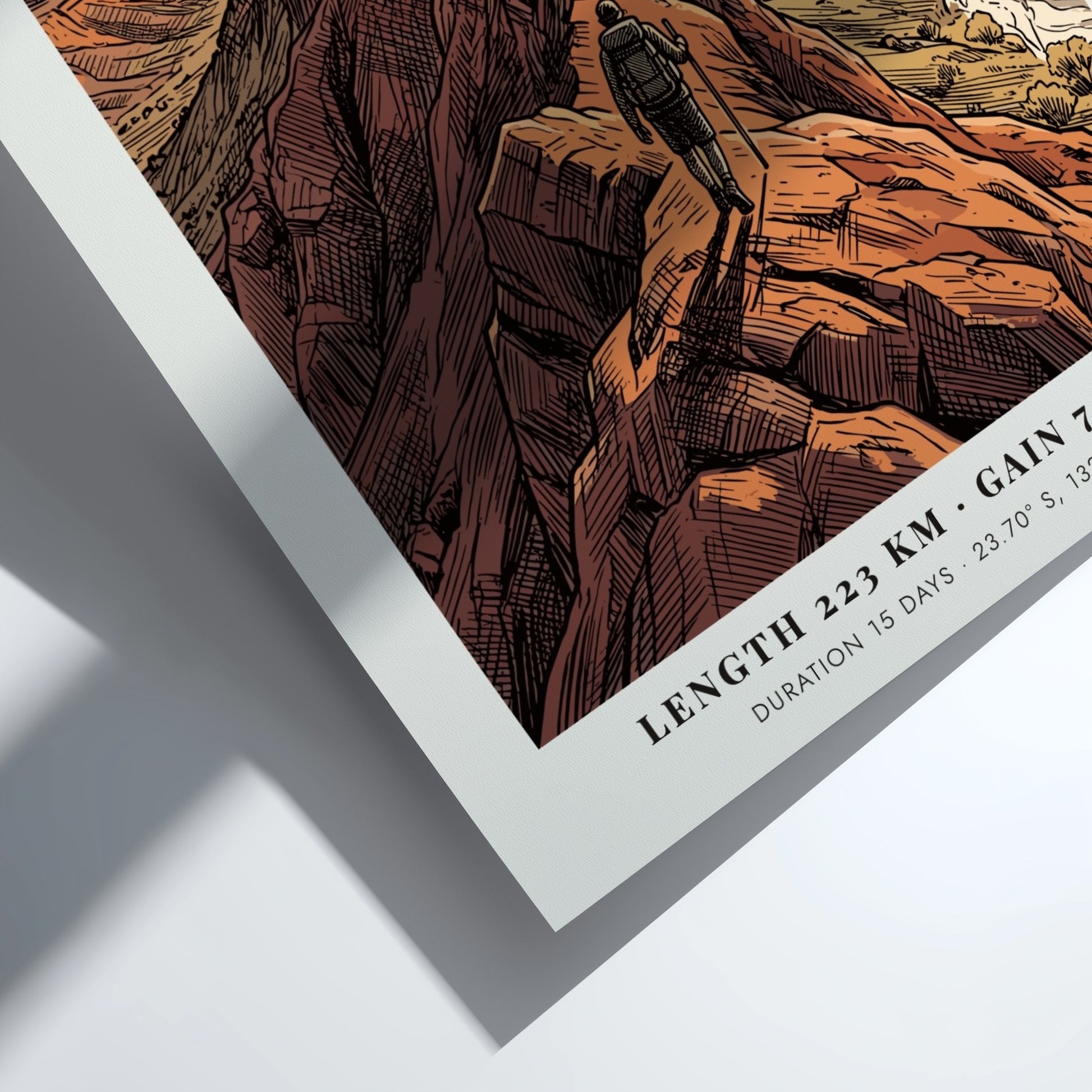 Poster of the Larapinta Trail in the West MacDonnell Ranges with red mountains.