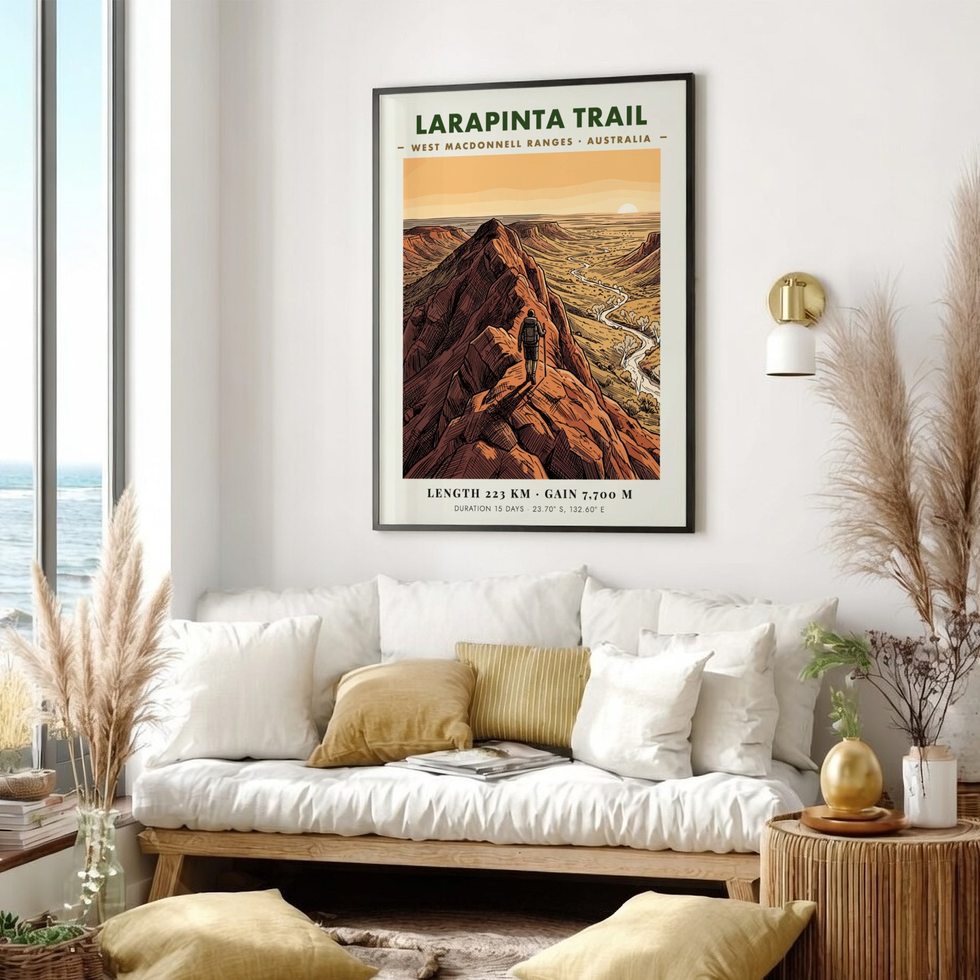 Poster of the Larapinta Trail in the West MacDonnell Ranges with red mountains.