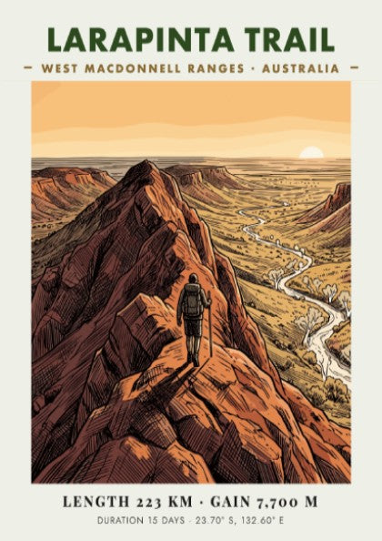 Poster of the Larapinta Trail in the West MacDonnell Ranges with red mountains.