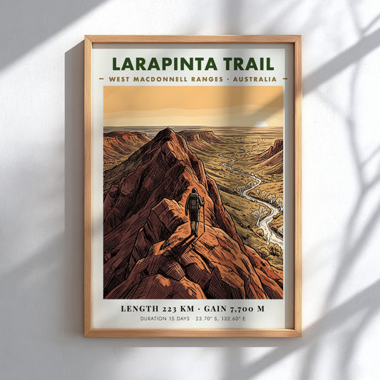 Poster of the Larapinta Trail in the West MacDonnell Ranges with red mountains.