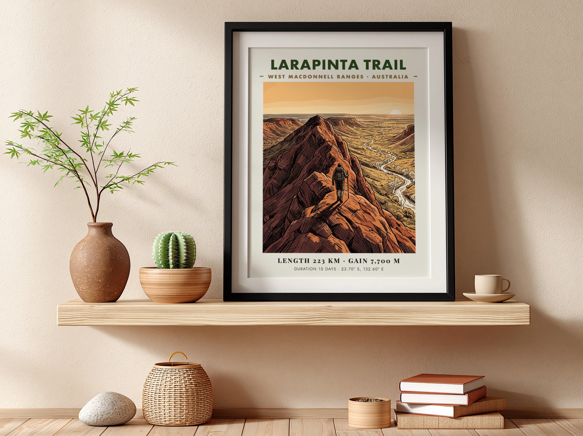 Poster of the Larapinta Trail in the West MacDonnell Ranges with red mountains.