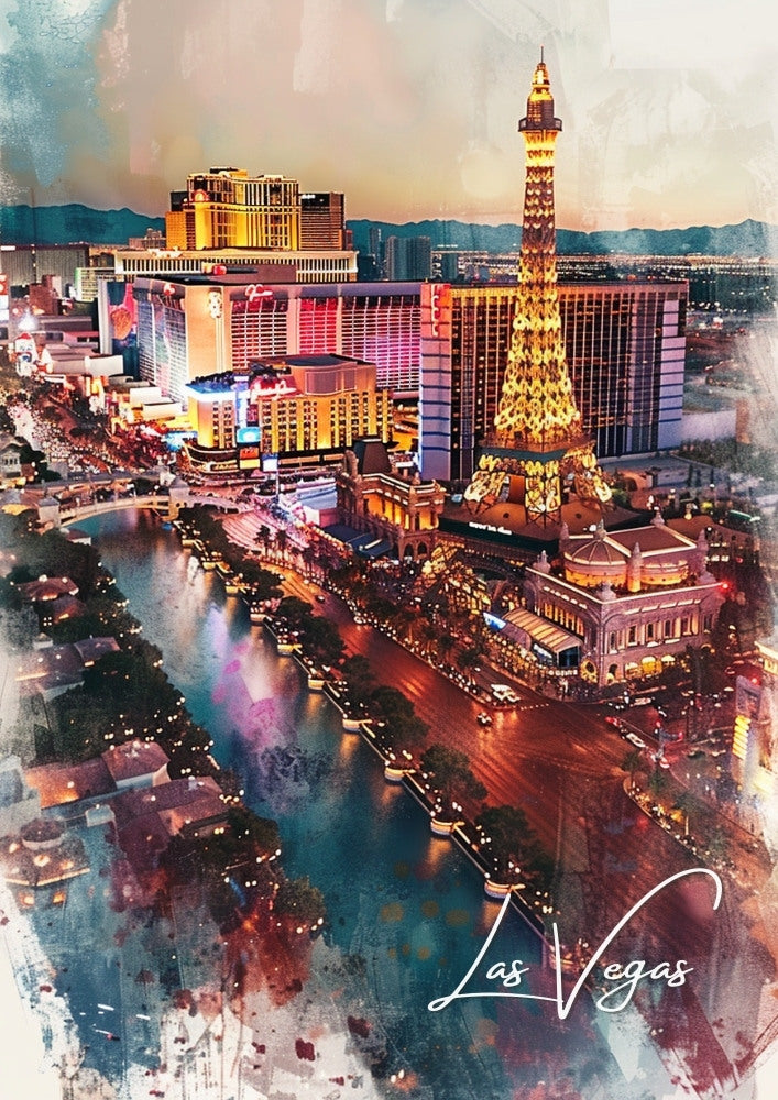 North AmericaLAS VEGAS WATERCOLOUR TRAVEL POSTER - VINTAGE ARTWORK