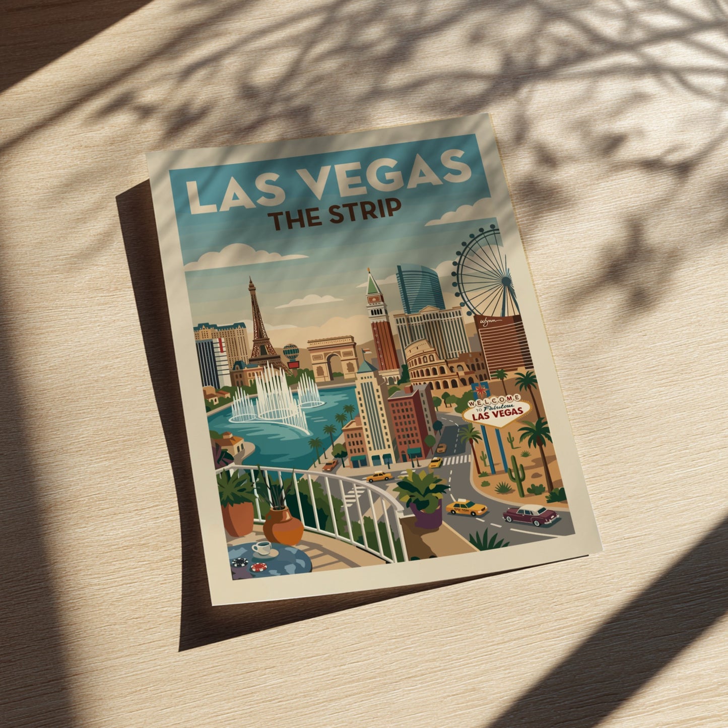 Vintage Las Vegas Strip cityscape poster with iconic landmarks and a retro color palette.