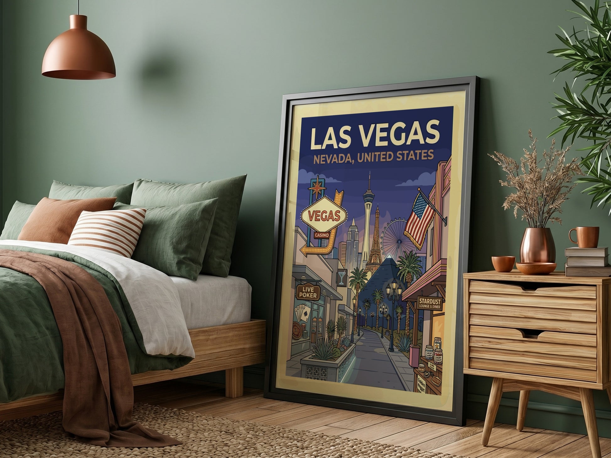 Retro Las Vegas travel poster with iconic skyline, neon signs, and vintage casinos in a warm color palette.