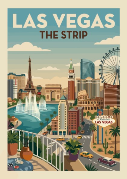 Vintage Las Vegas Strip cityscape poster with iconic landmarks and a retro color palette.