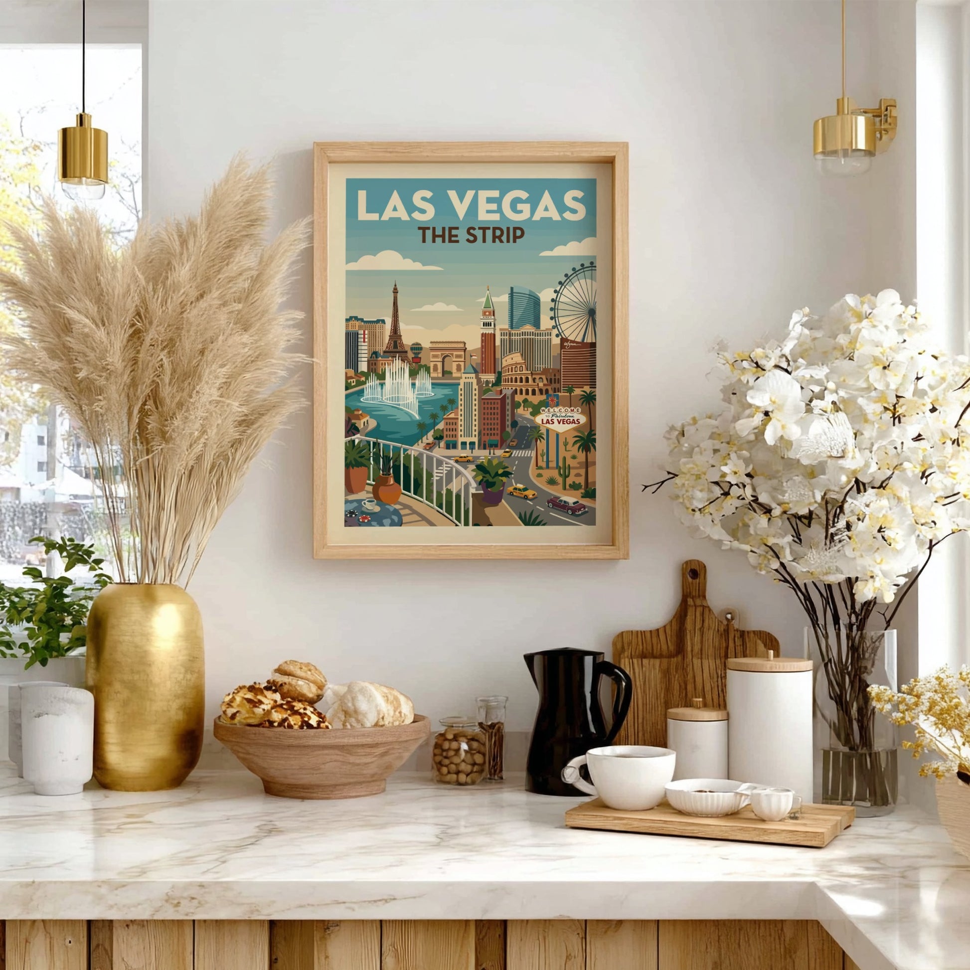 Vintage Las Vegas Strip cityscape poster with iconic landmarks and a retro color palette.