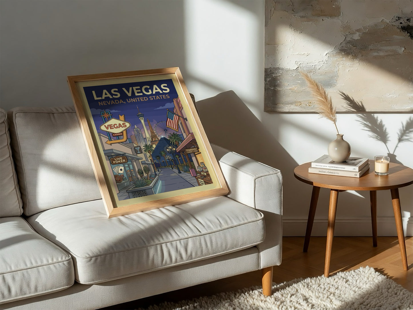 Retro Las Vegas travel poster with iconic skyline, neon signs, and vintage casinos in a warm color palette.