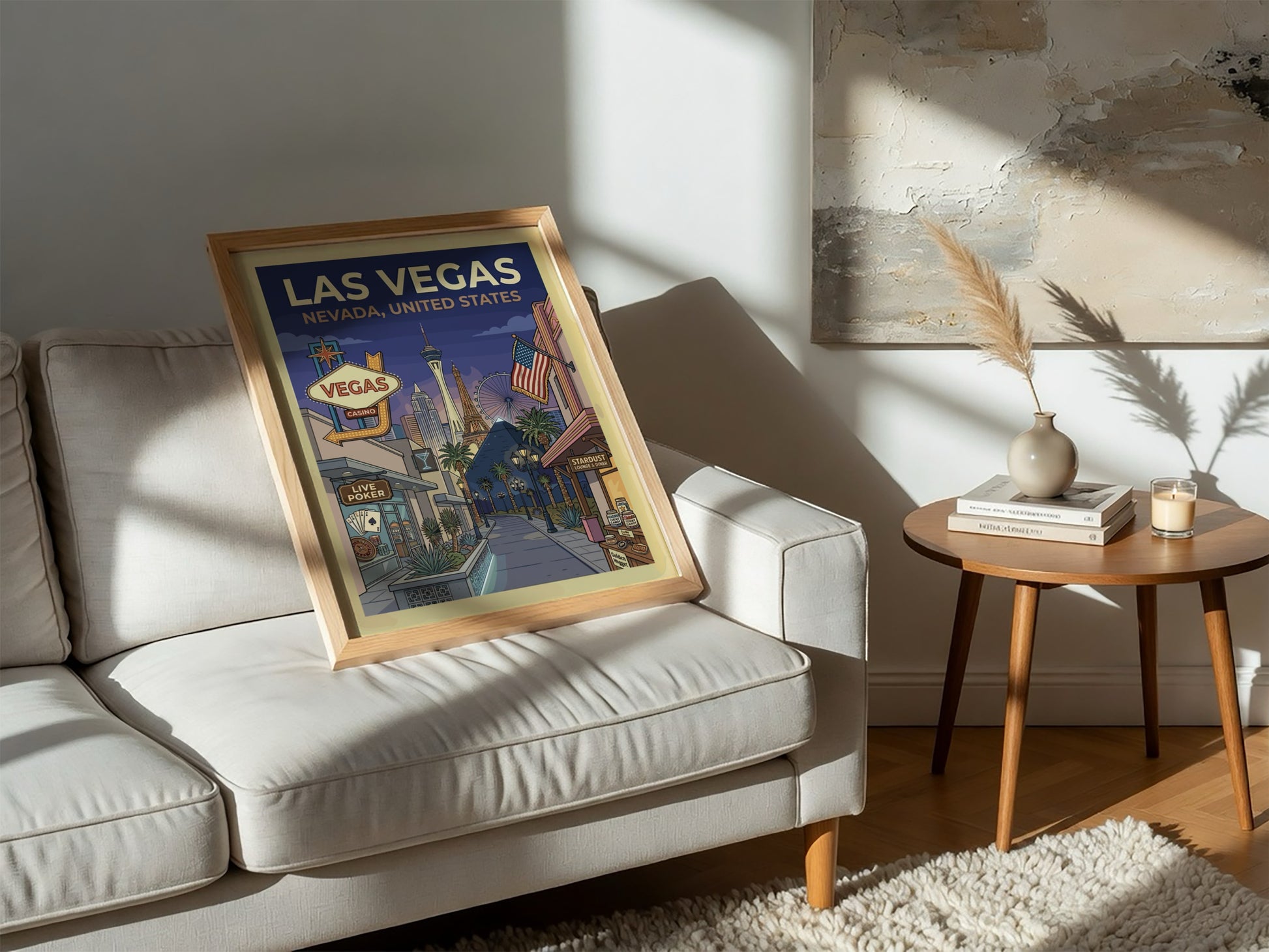 Retro Las Vegas travel poster with iconic skyline, neon signs, and vintage casinos in a warm color palette.