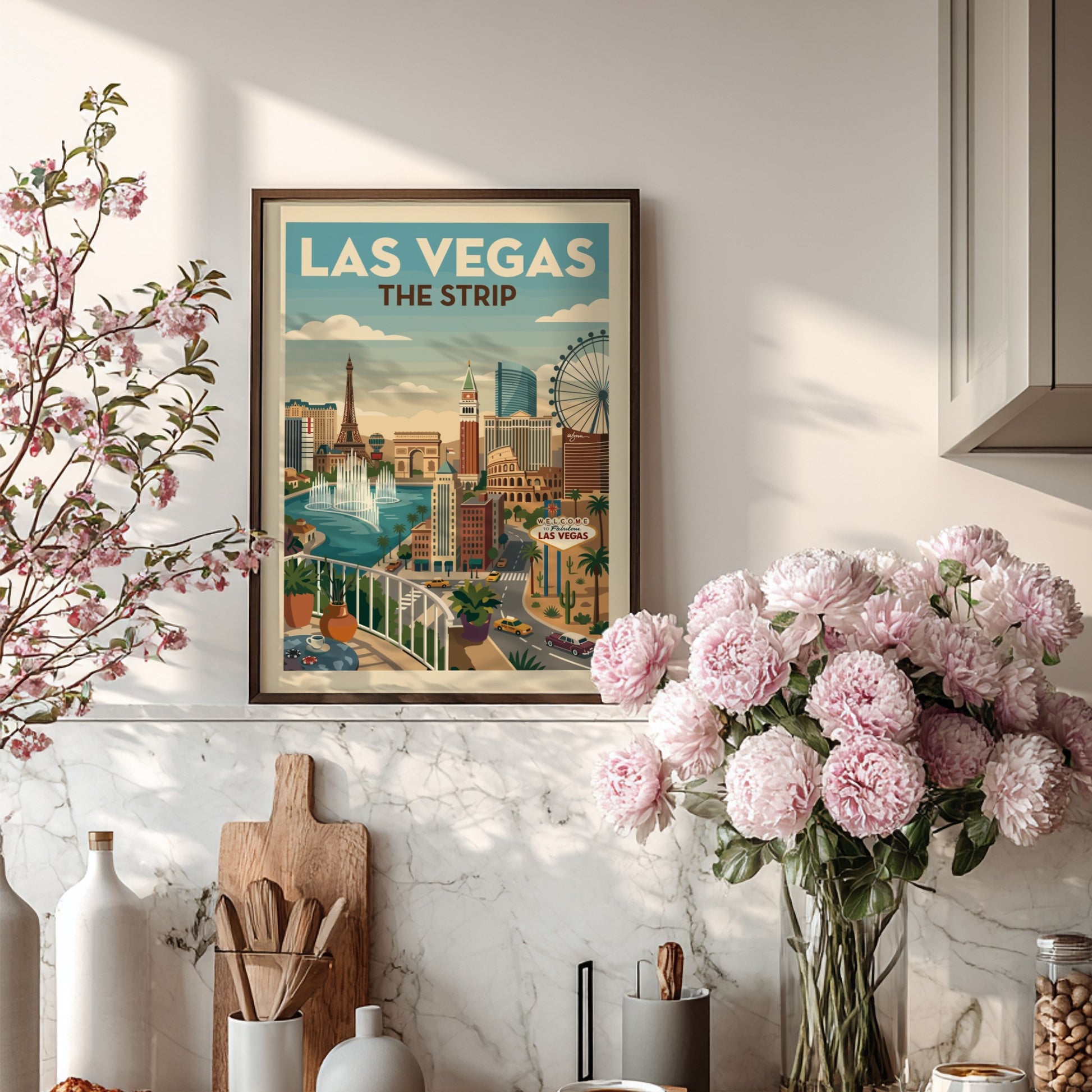 Vintage Las Vegas Strip cityscape poster with iconic landmarks and a retro color palette.