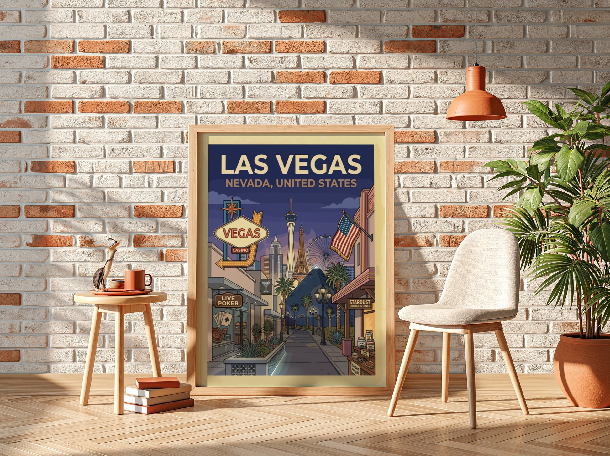 Retro Las Vegas travel poster with iconic skyline, neon signs, and vintage casinos in a warm color palette.