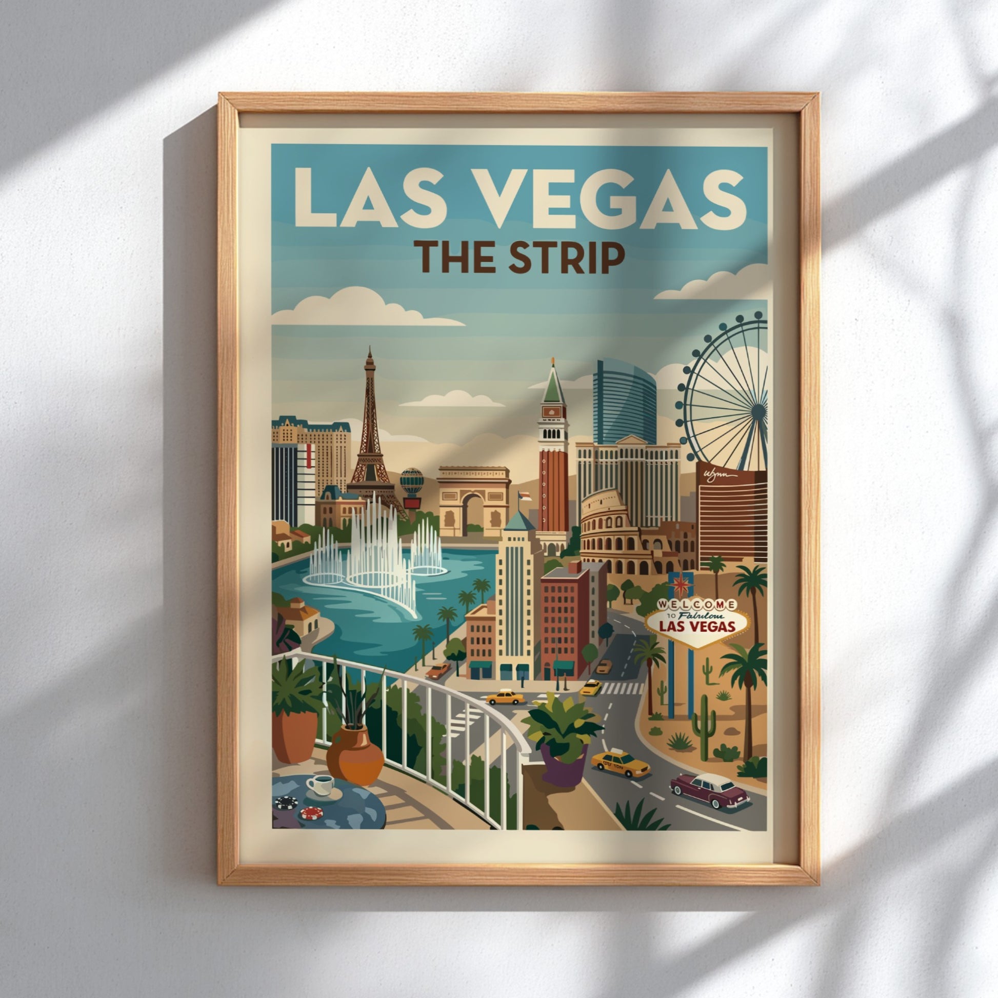 Vintage Las Vegas Strip cityscape poster with iconic landmarks and a retro color palette.