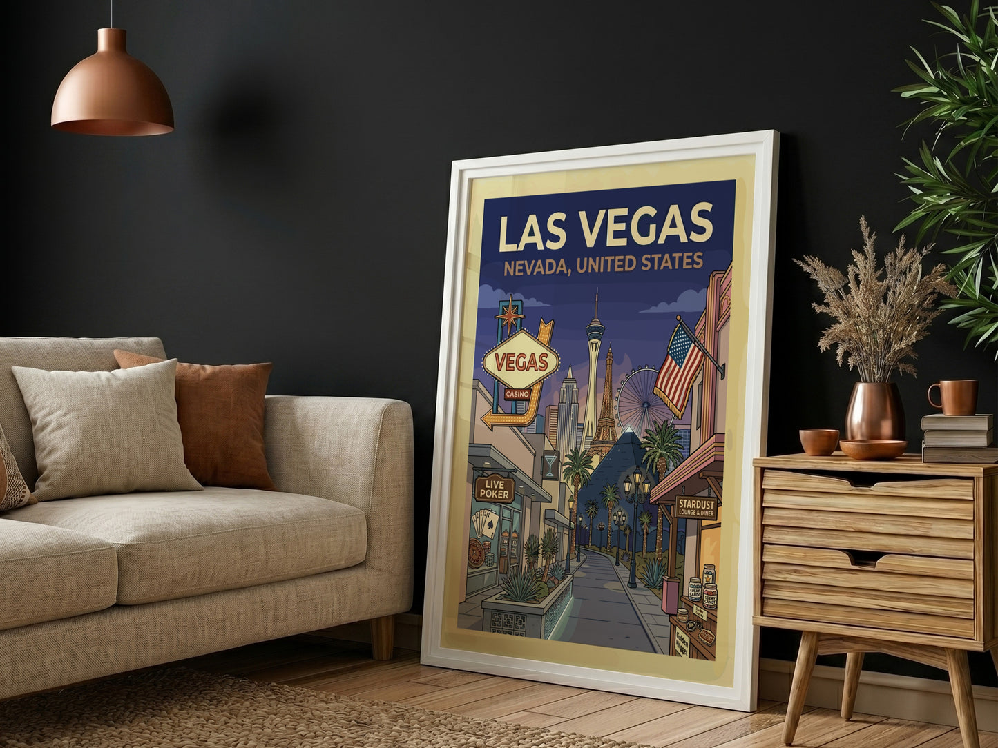 Retro Las Vegas travel poster with iconic skyline, neon signs, and vintage casinos in a warm color palette.