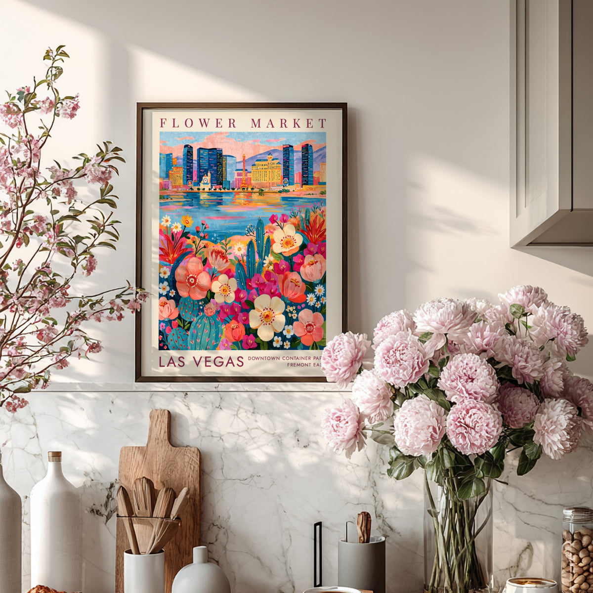 Flower market poster showcasing vibrant blossoms and Las Vegas skyline in colorful urban art style