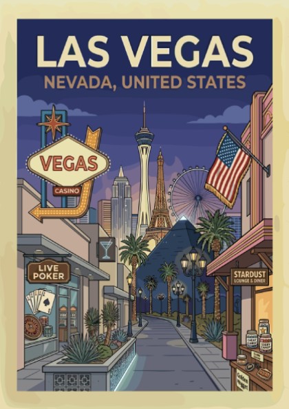 Retro Las Vegas travel poster with iconic skyline, neon signs, and vintage casinos in a warm color palette.