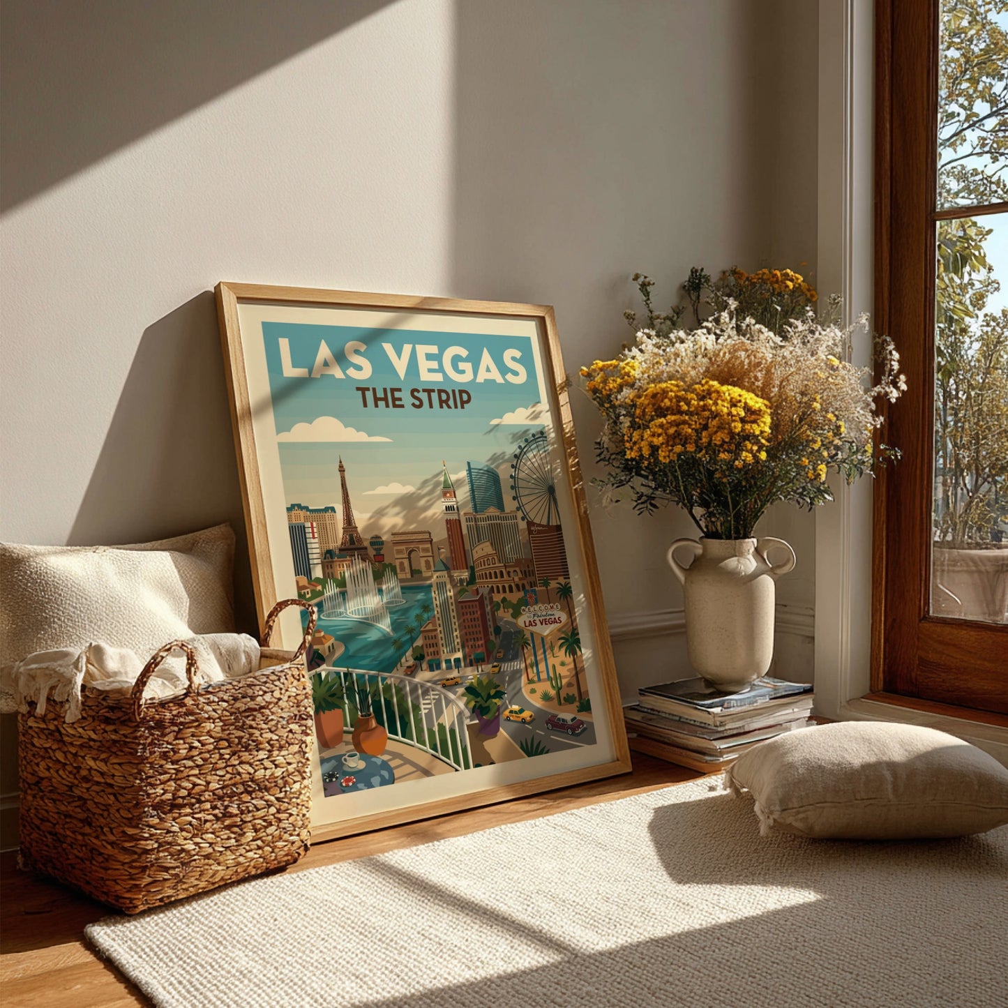 Vintage Las Vegas Strip cityscape poster with iconic landmarks and a retro color palette.