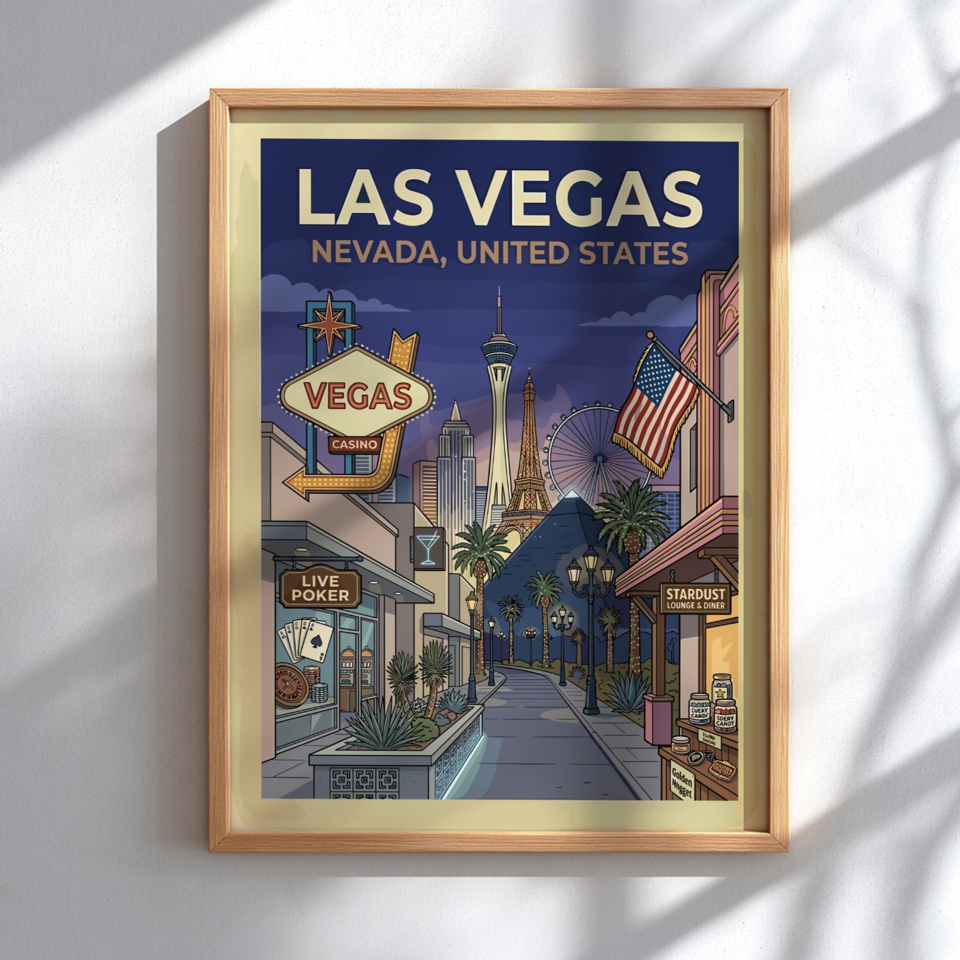 Retro Las Vegas travel poster with iconic skyline, neon signs, and vintage casinos in a warm color palette.