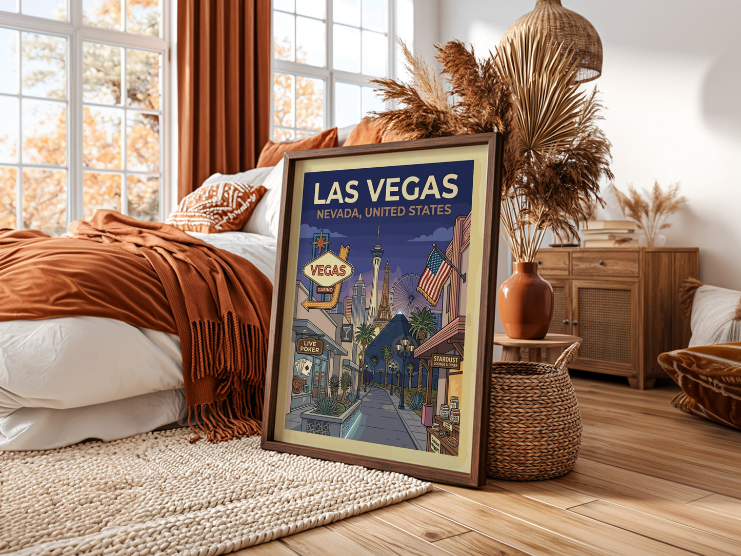 Retro Las Vegas travel poster with iconic skyline, neon signs, and vintage casinos in a warm color palette.