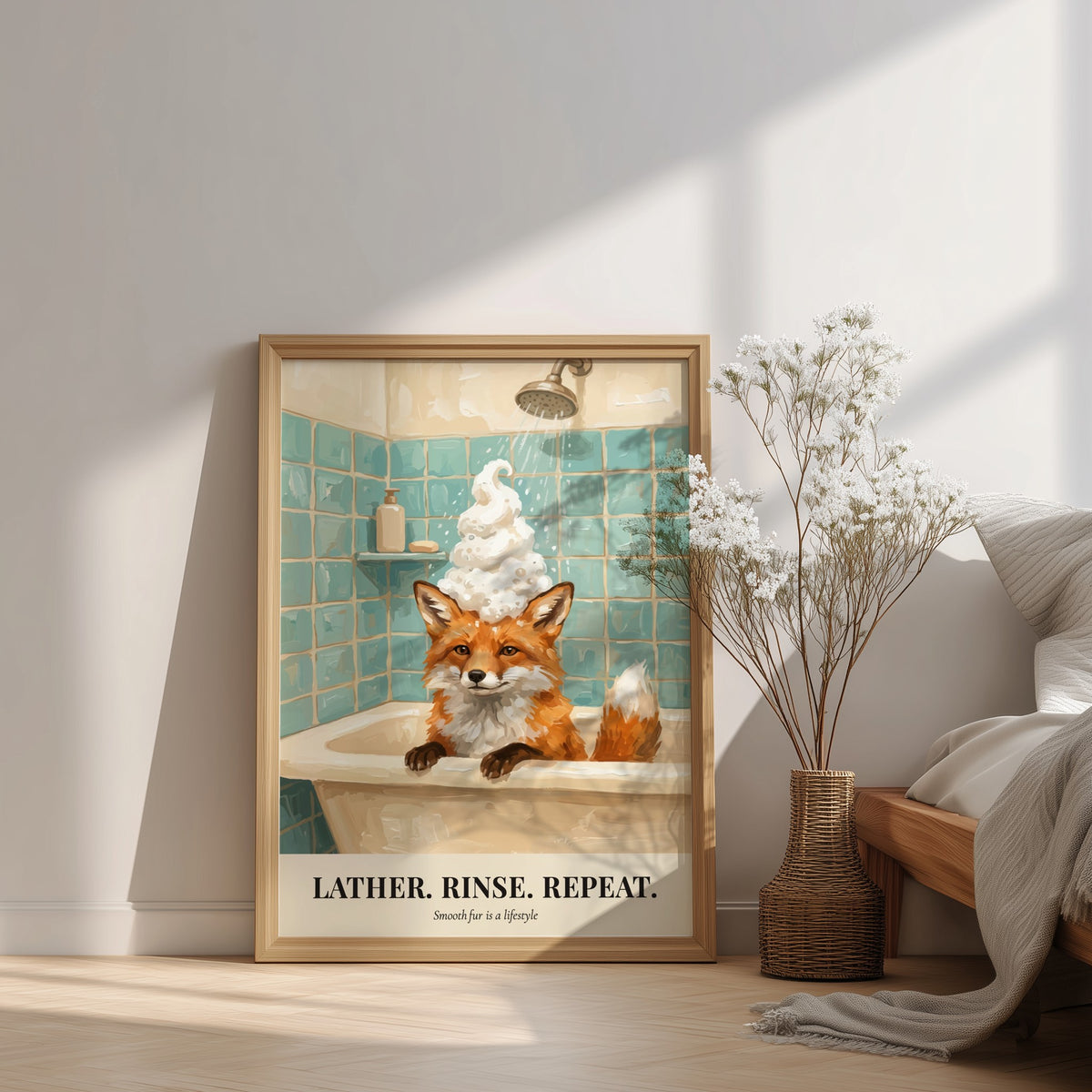 Poster of a red fox in a bathtub with bubbles and teal tiles.