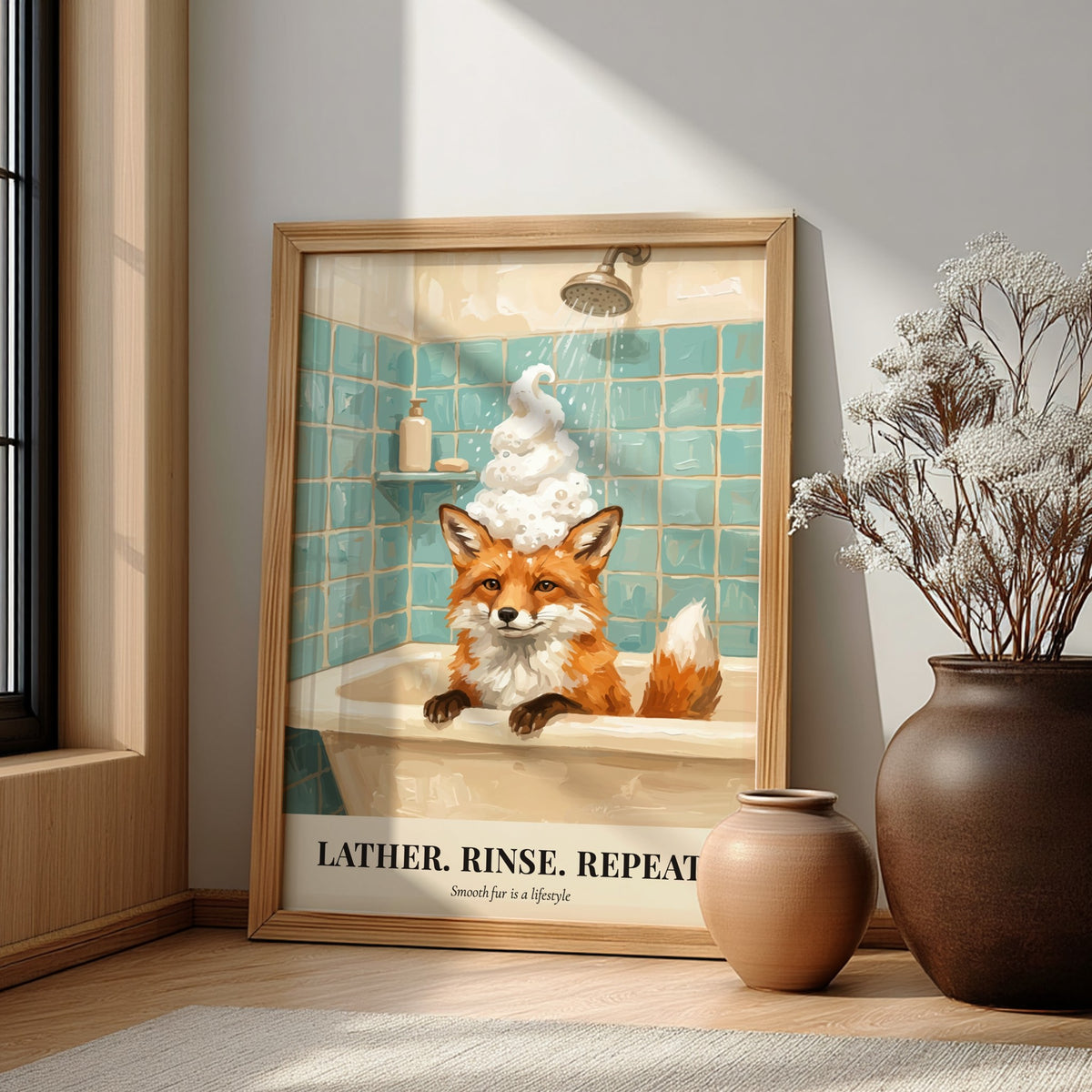 Poster of a red fox in a bathtub with bubbles and teal tiles.