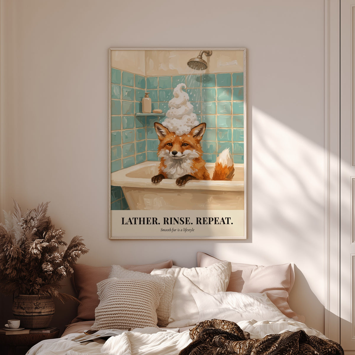 Poster of a red fox in a bathtub with bubbles and teal tiles.