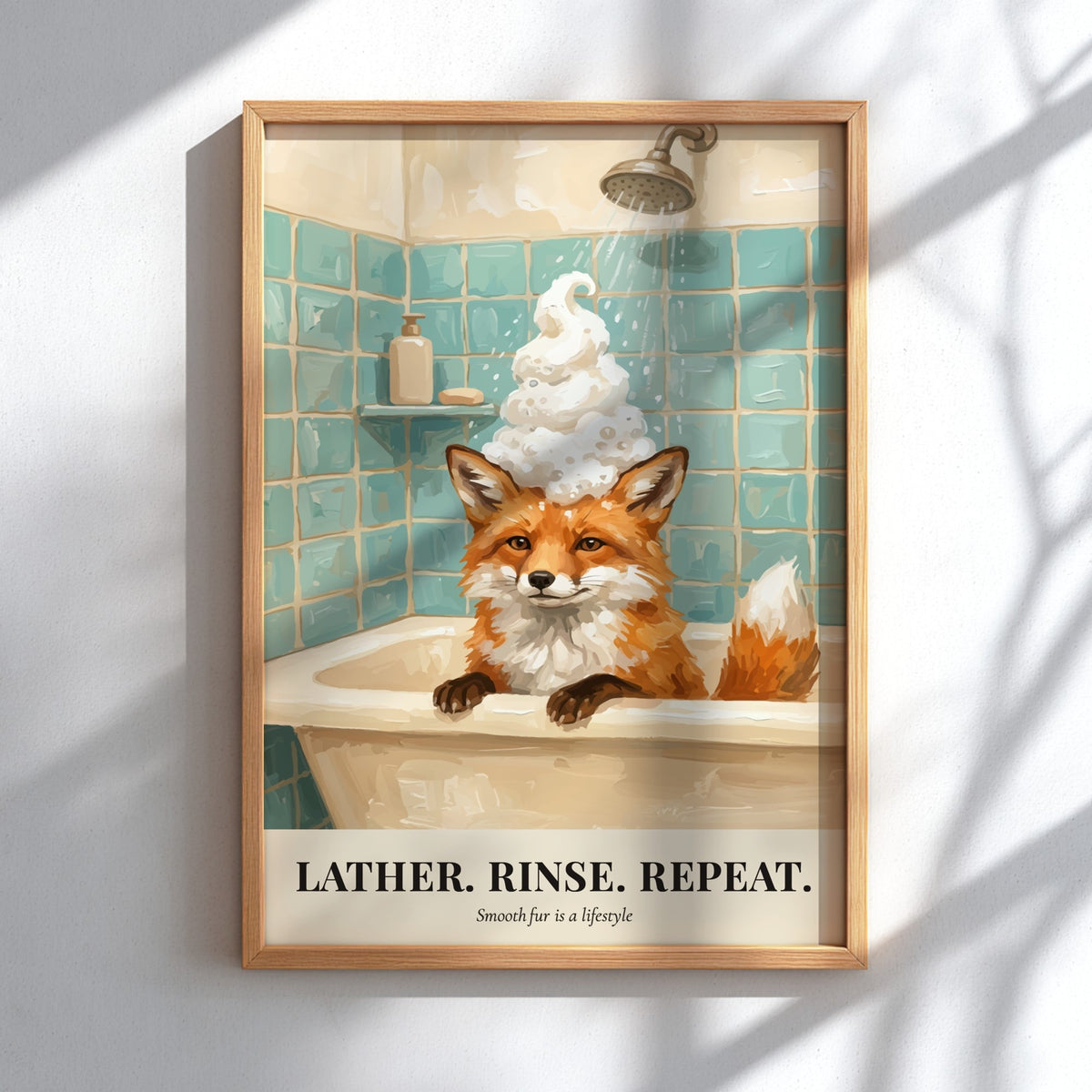 Poster of a red fox in a bathtub with bubbles and teal tiles.