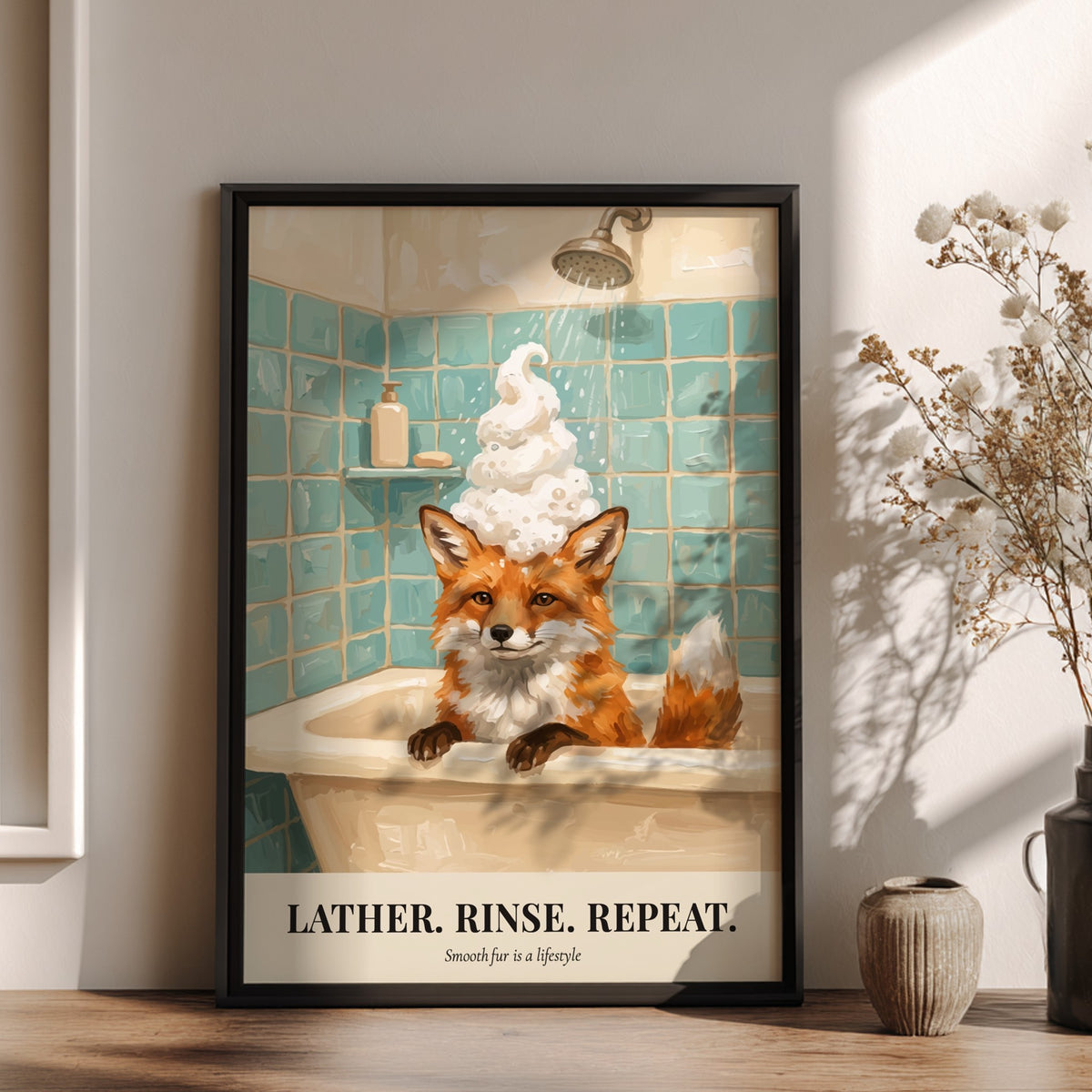 Poster of a red fox in a bathtub with bubbles and teal tiles.