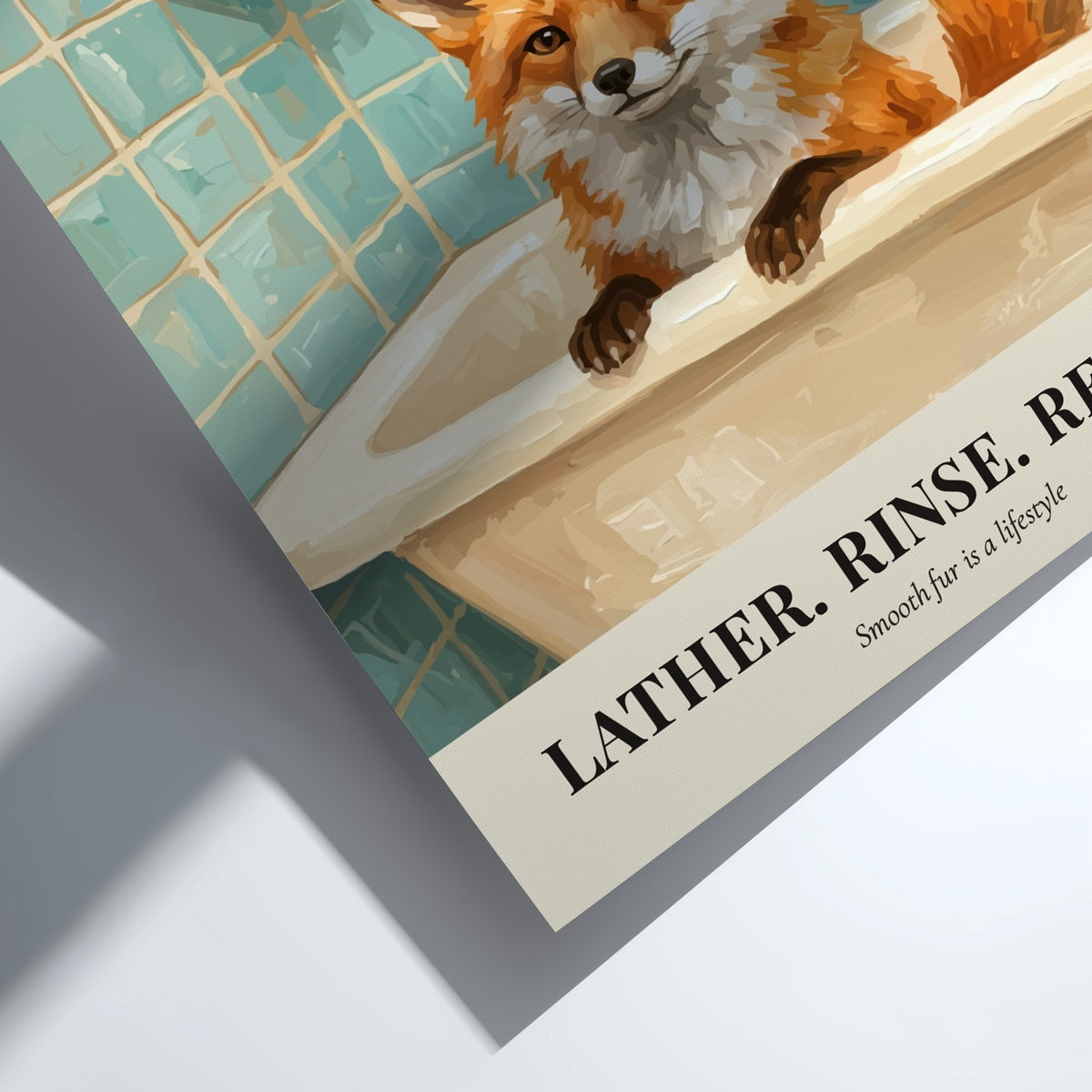 Poster of a red fox in a bathtub with bubbles and teal tiles.