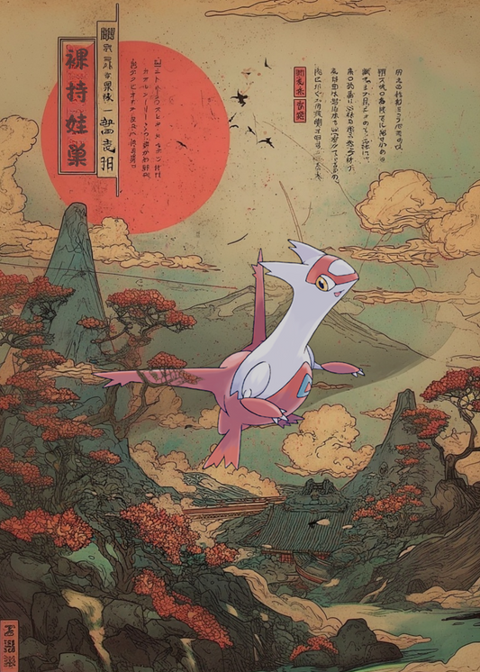 Latias Pokemon character in a stylized landscape with mountains and clouds, reminiscent of Japanese woodblock prints.