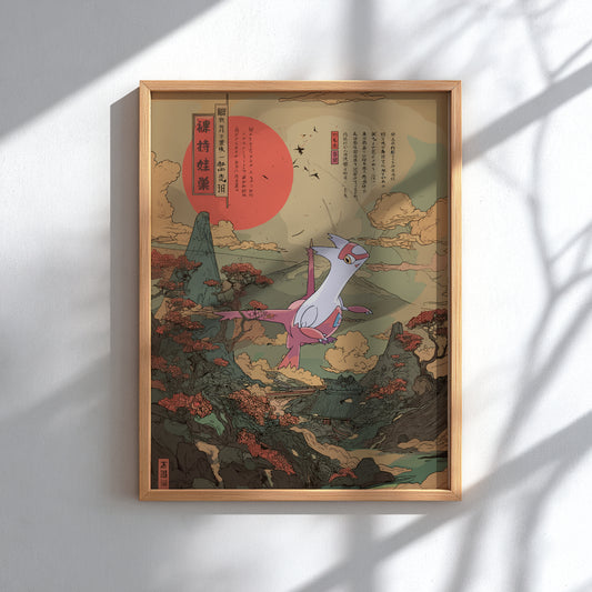 Framed artwork with a stylized landscape and Latias Pokemon, possibly from a manga or anime, on a light background.