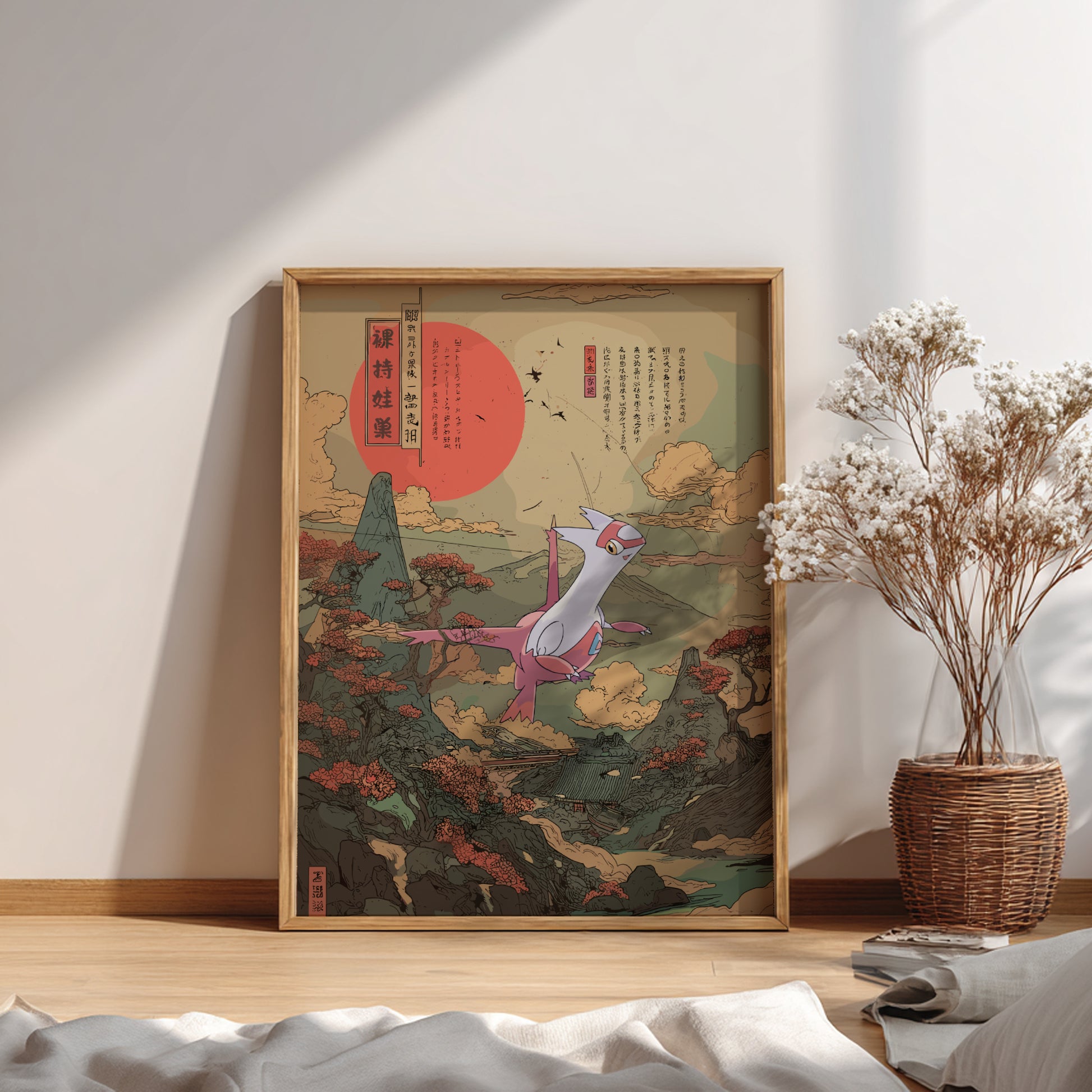 Framed artwork of a stylized Latias Pokemon in a natural setting on a wall with a plant and books below.