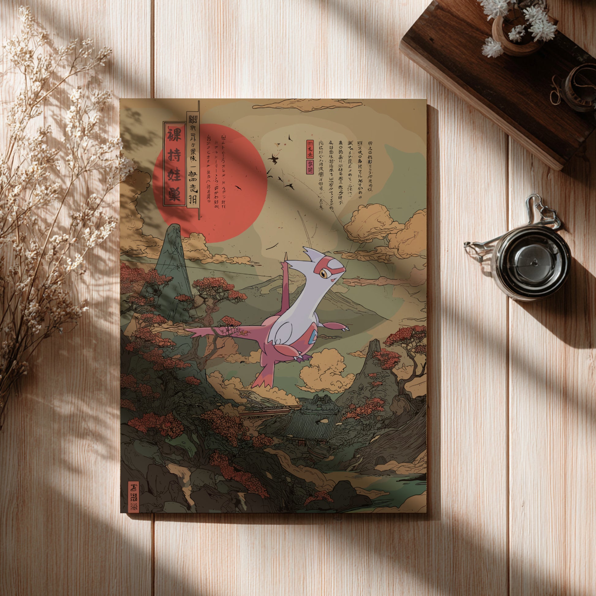 Poster with a colorful illustration of a Latias Pokemon flying over a landscape on a wooden surface.