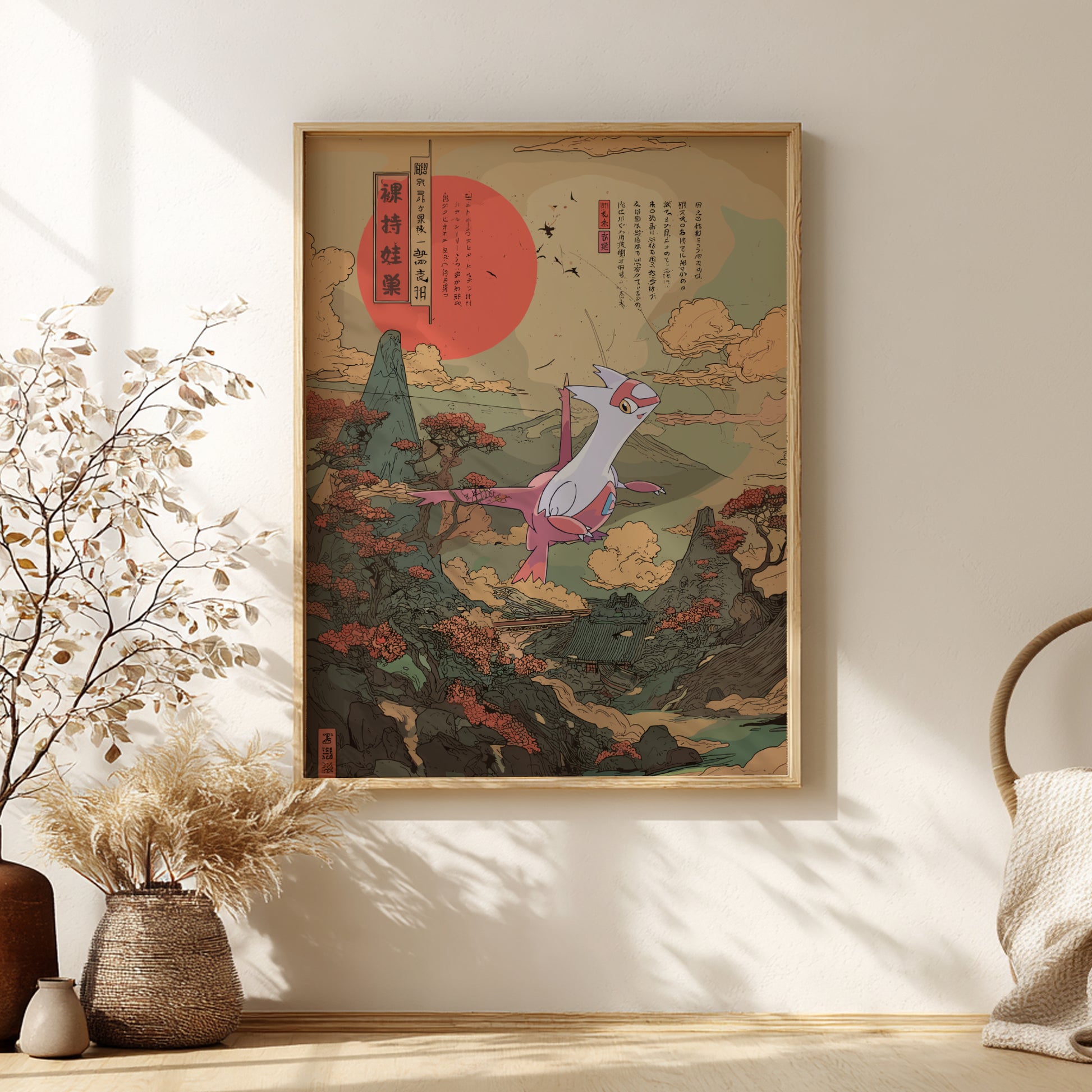 Framed artwork of Latias Pokemon on a mountainous landscape with a red sun, displayed in a room with decorative elements.