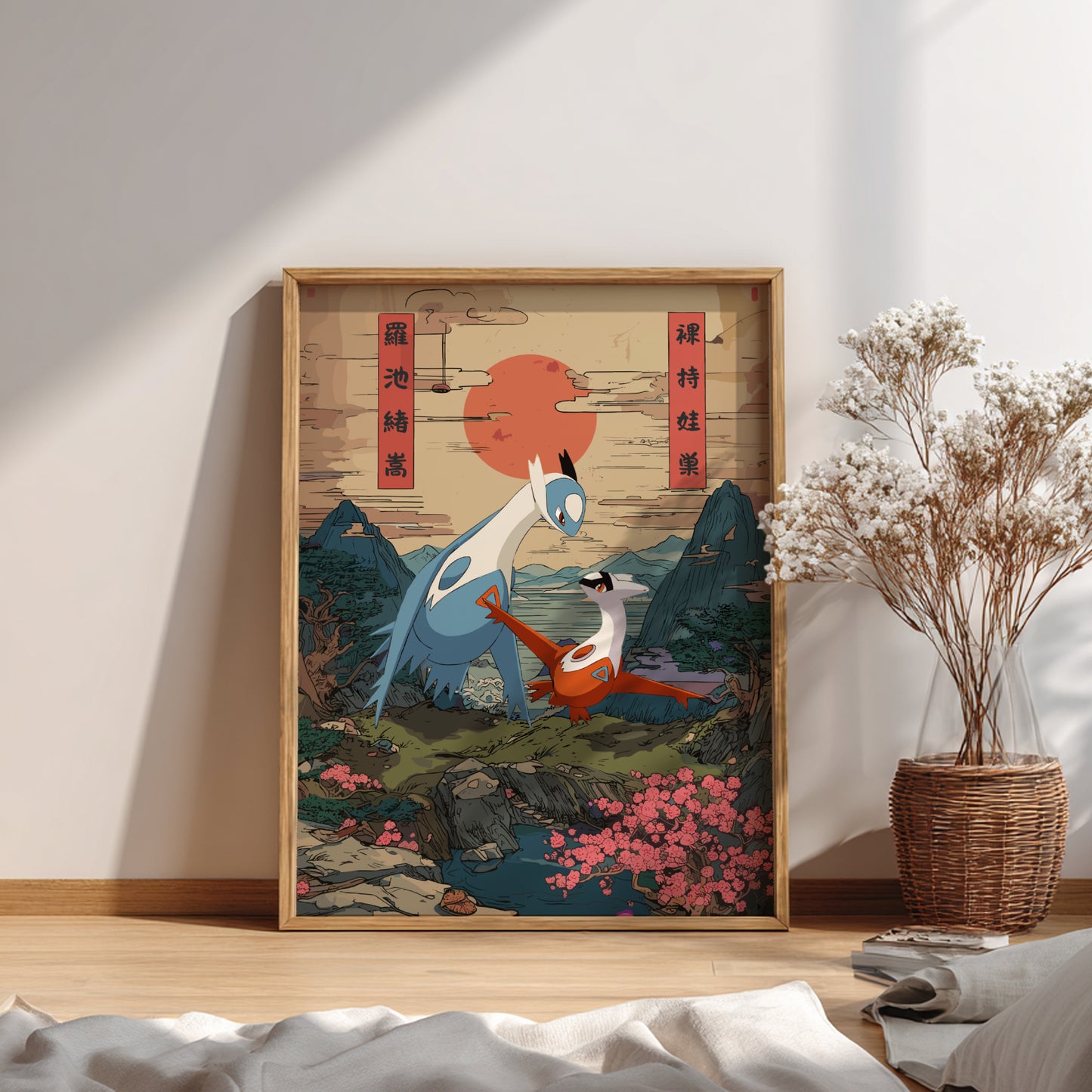 Framed artwork of Latias and Latios Pokemon characters in a natural setting on a wall.