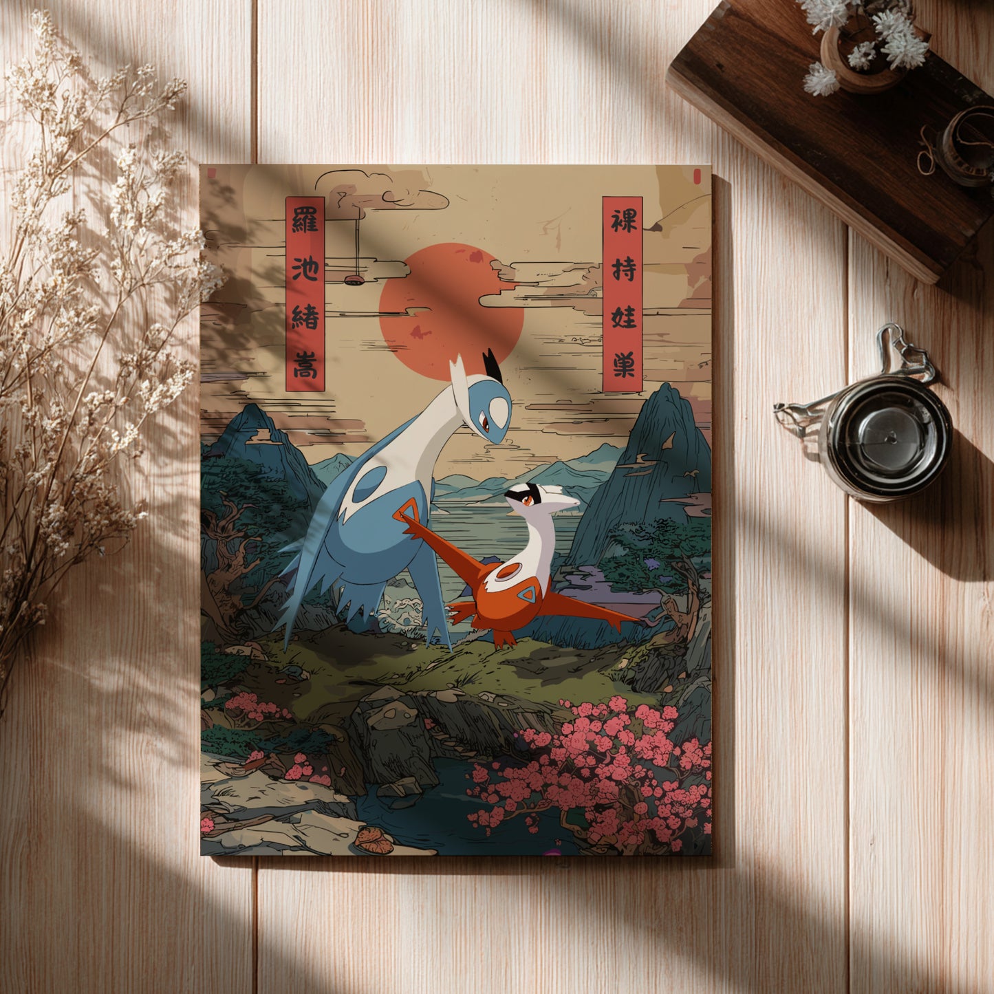 Wooden board with a colorful illustration of Latias and Latios Pokemon in a natural setting on a wooden surface.