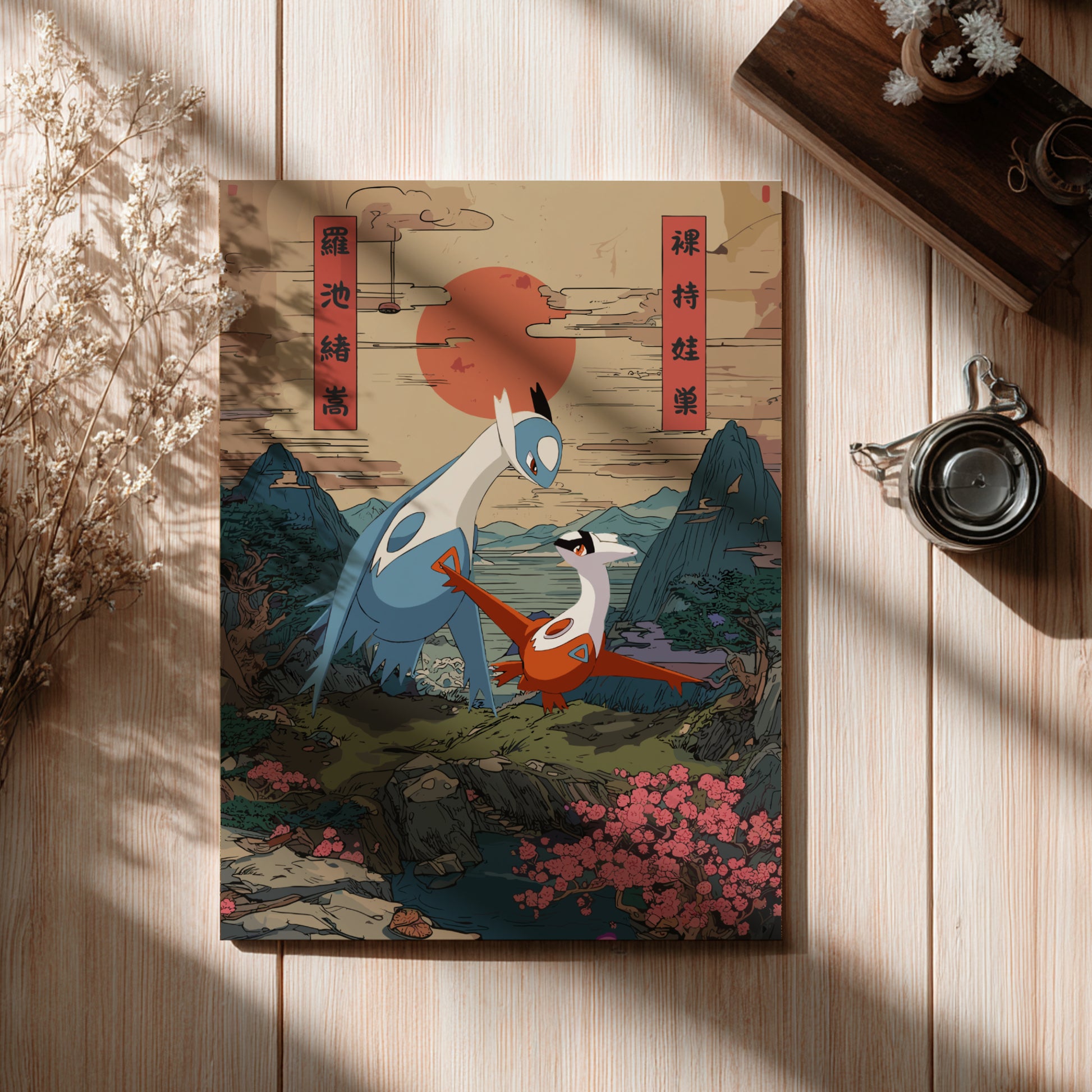 Wooden board with a colorful illustration of Latias and Latios Pokemon in a natural setting on a wooden surface.