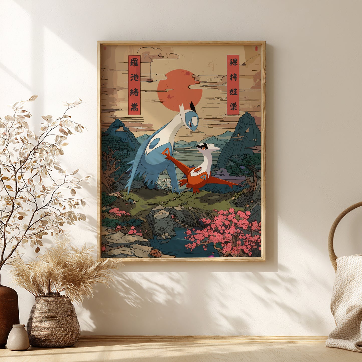 Framed artwork of Latias and Latios Pokemon in a landscape with cherry blossoms, on a wall with decorative plants.