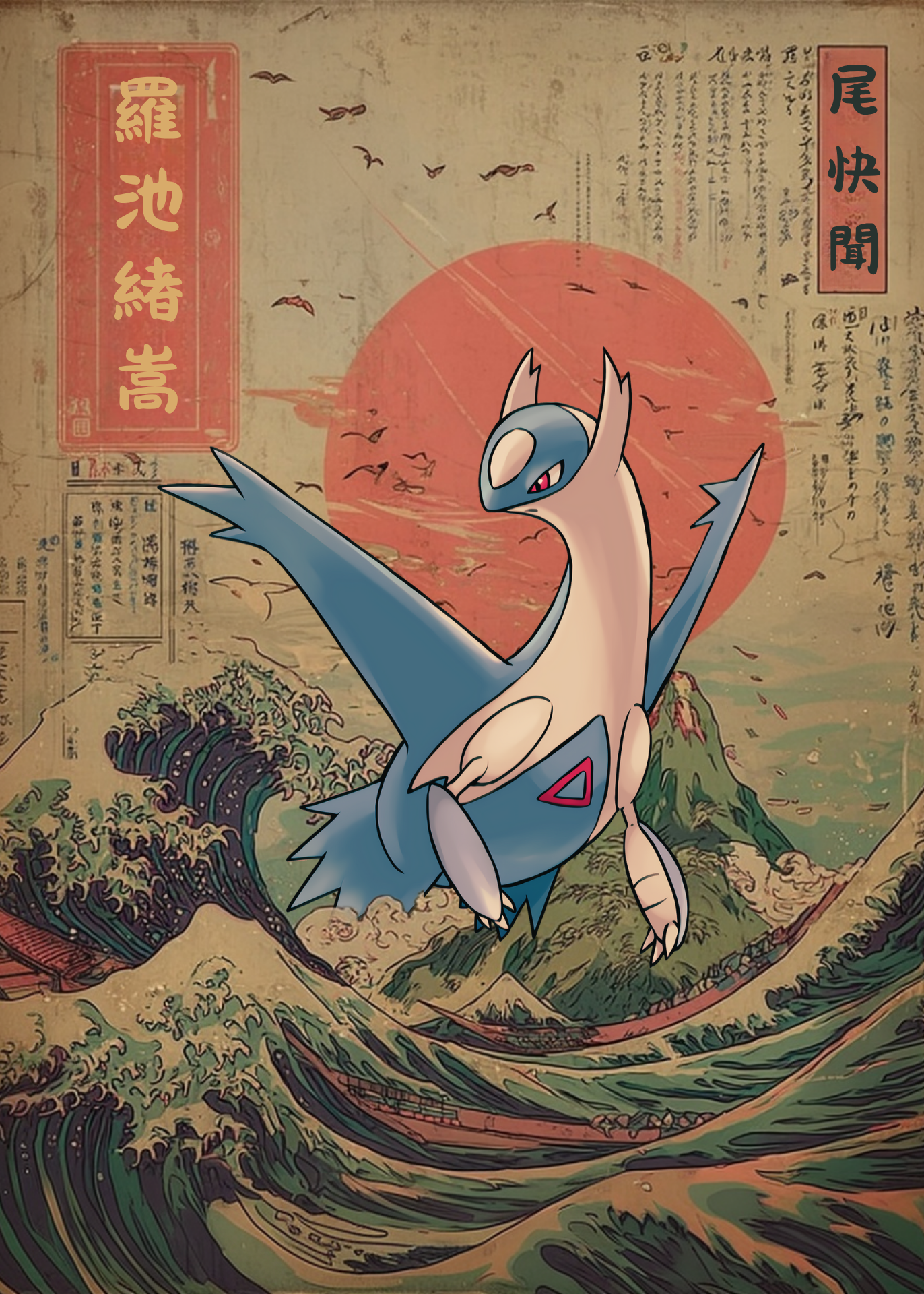 Vintage-style illustration of Latios Pokemon on a wave with Japanese text and graphics.