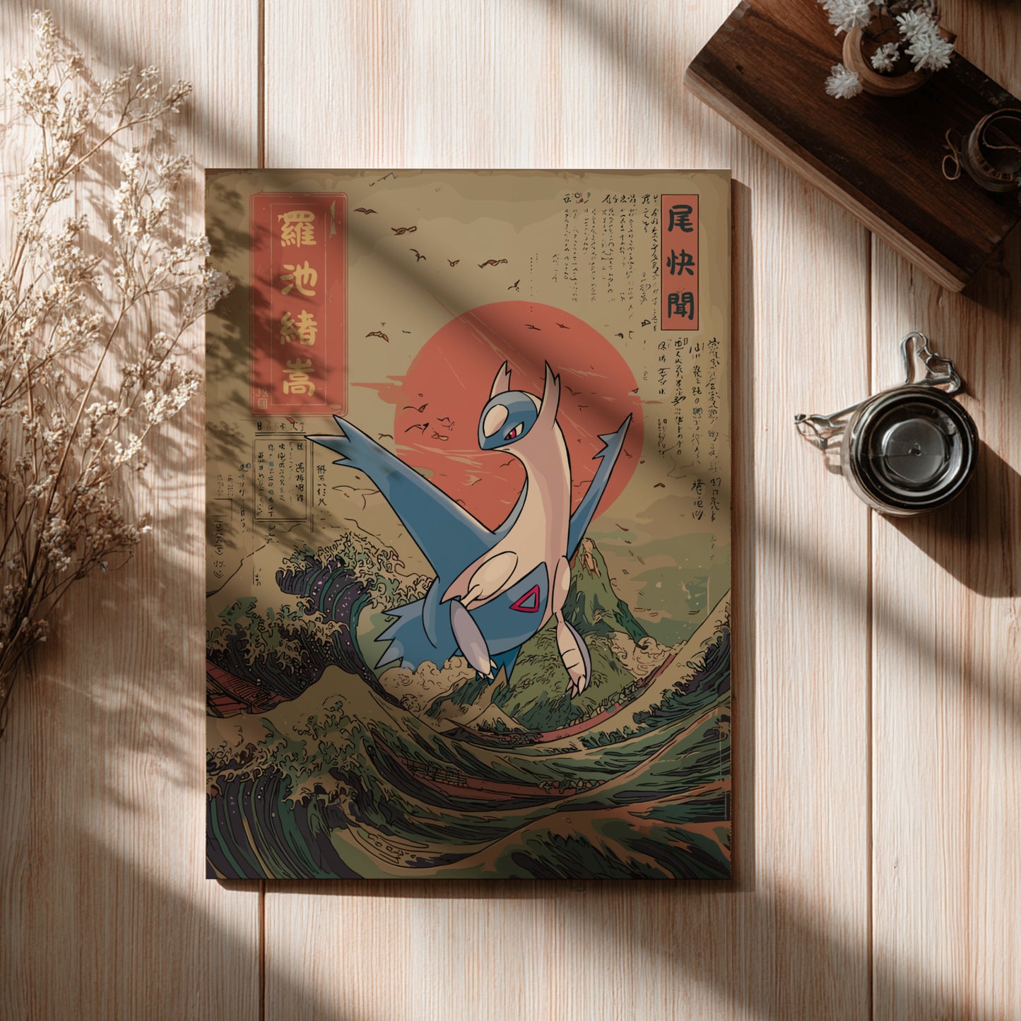 Vintage-style illustration of Latios Pokemon on a wooden surface with a cup and dried flowers.