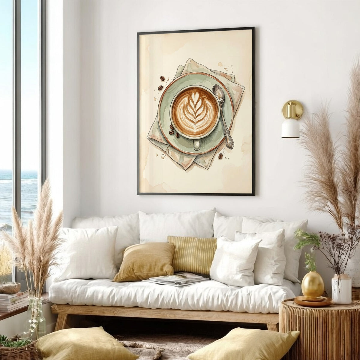 Watercolour latte art poster featuring a coffee cup with rosetta foam on parchment paper.