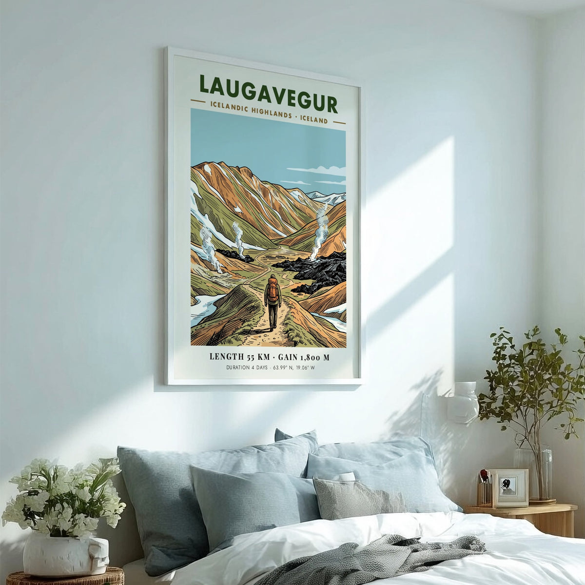 Poster of a hiker walking through the Laugavegur trail in the Icelandic Highlands mountains.