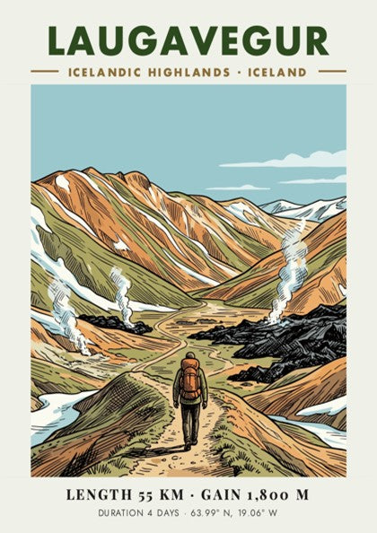 Poster of a hiker walking through the Laugavegur trail in the Icelandic Highlands mountains.
