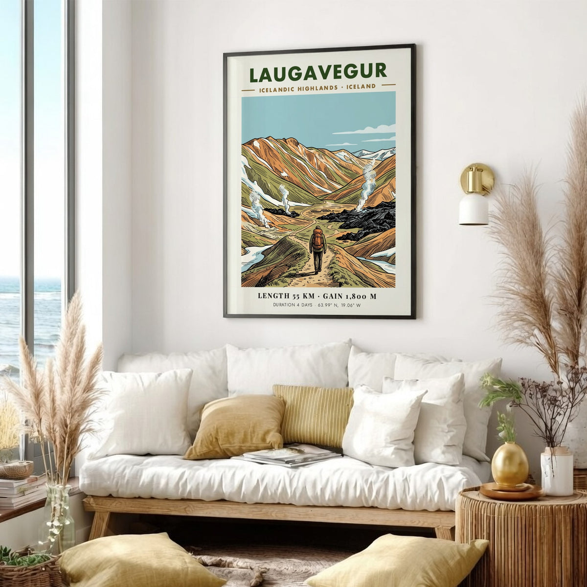 Poster of a hiker walking through the Laugavegur trail in the Icelandic Highlands mountains.
