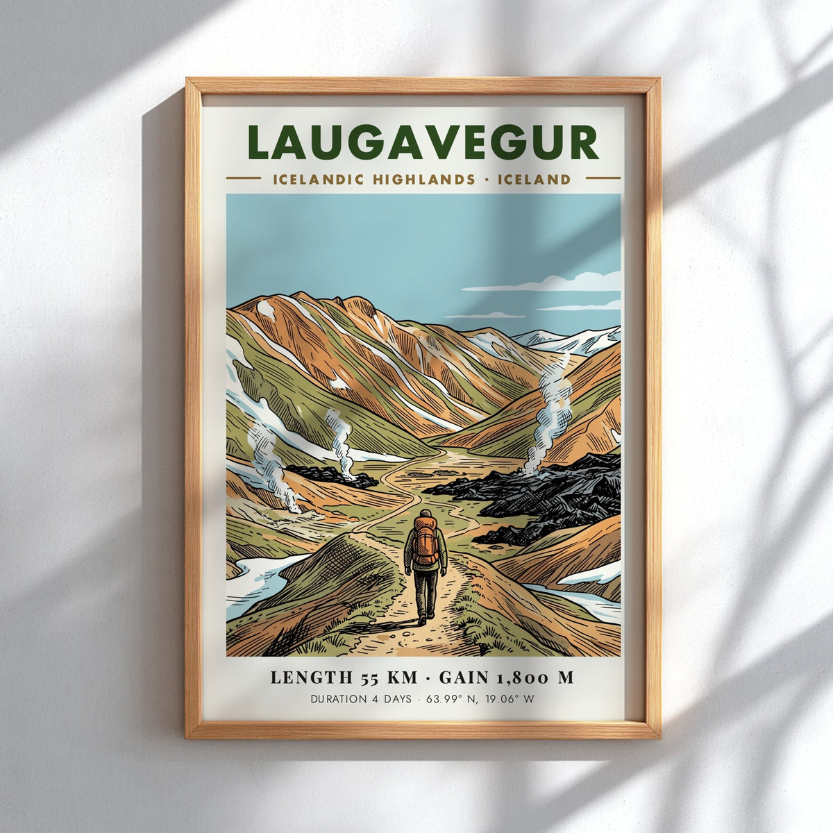 Poster of a hiker walking through the Laugavegur trail in the Icelandic Highlands mountains.