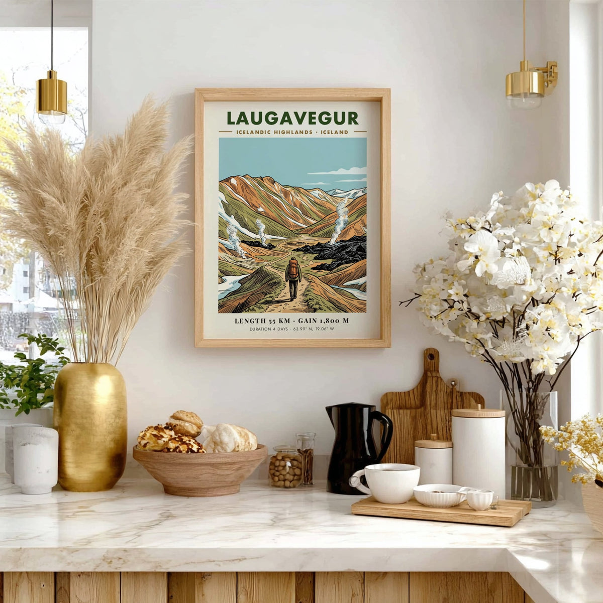 Poster of a hiker walking through the Laugavegur trail in the Icelandic Highlands mountains.